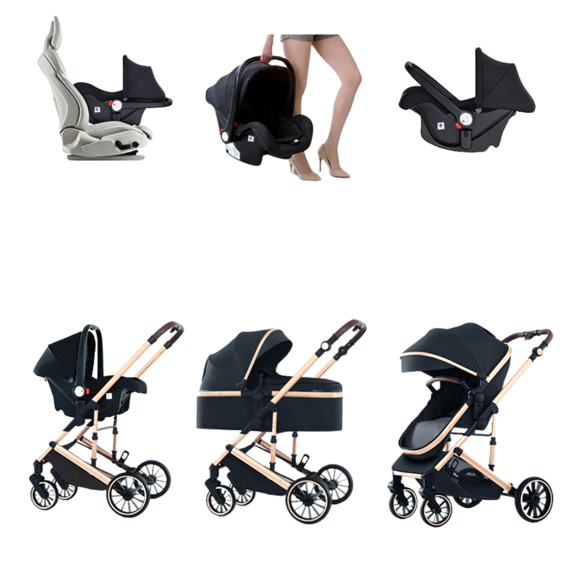 YAZOCO Poussette 3 en 1, Poussette Bebe Peut être poursuivi dans les deux sens, Pousette avec Conception Pliable Un Clic (kaki)