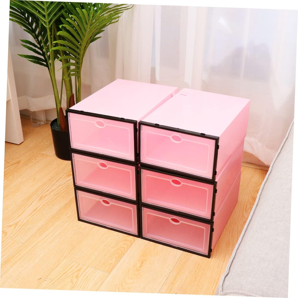 Zerodeko 6pcs Thicken Transparent Stackable Storage Container with Door Plastic Organizer for Men Footwear for Closets and Entryways with Black Frame
