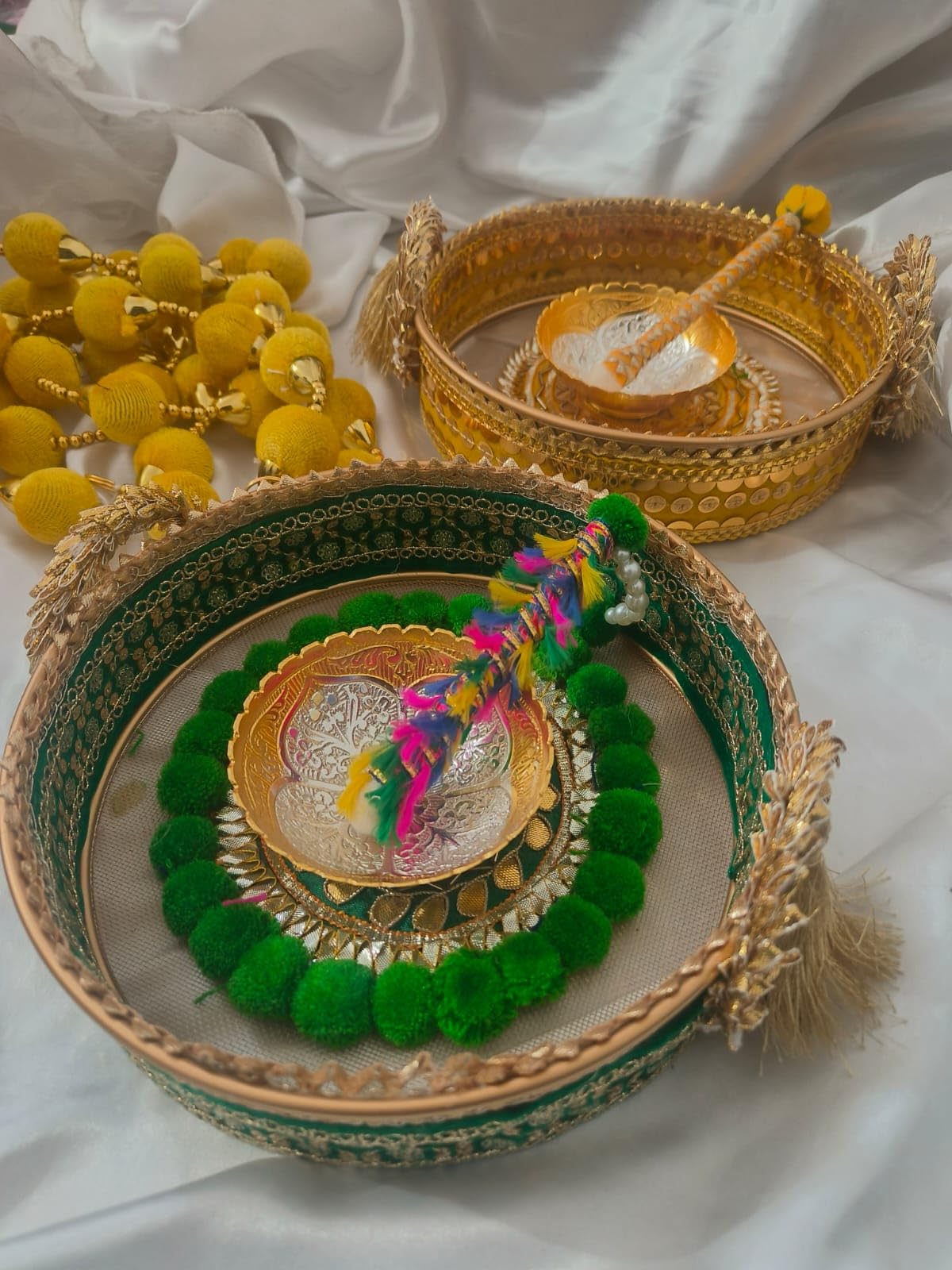 Haldi Mehndi Ceremony Platter Set – Decorative Wedding Thali with Bowl & Applicator | Pithi Plate, Dholki Tray, Kumkum Holder Indian Pre-Wedding Rituals, Stylespeaks (Both)