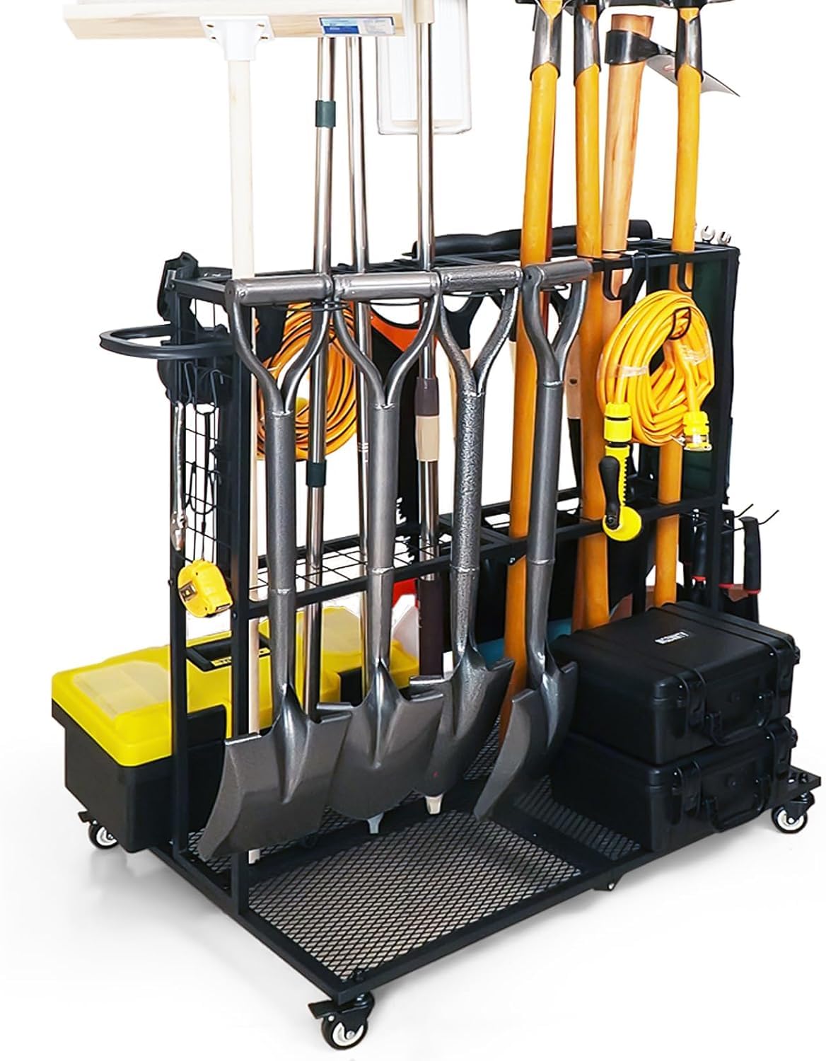 Gartengeräte Ständer mit Feststellrollen 20 Fächer + 5 Slots | gartengeräte halterung für langgestielte Geräte/Staubsauger/Rasenrechen für Garage Schuppen Außenbereich 56×83×88cm