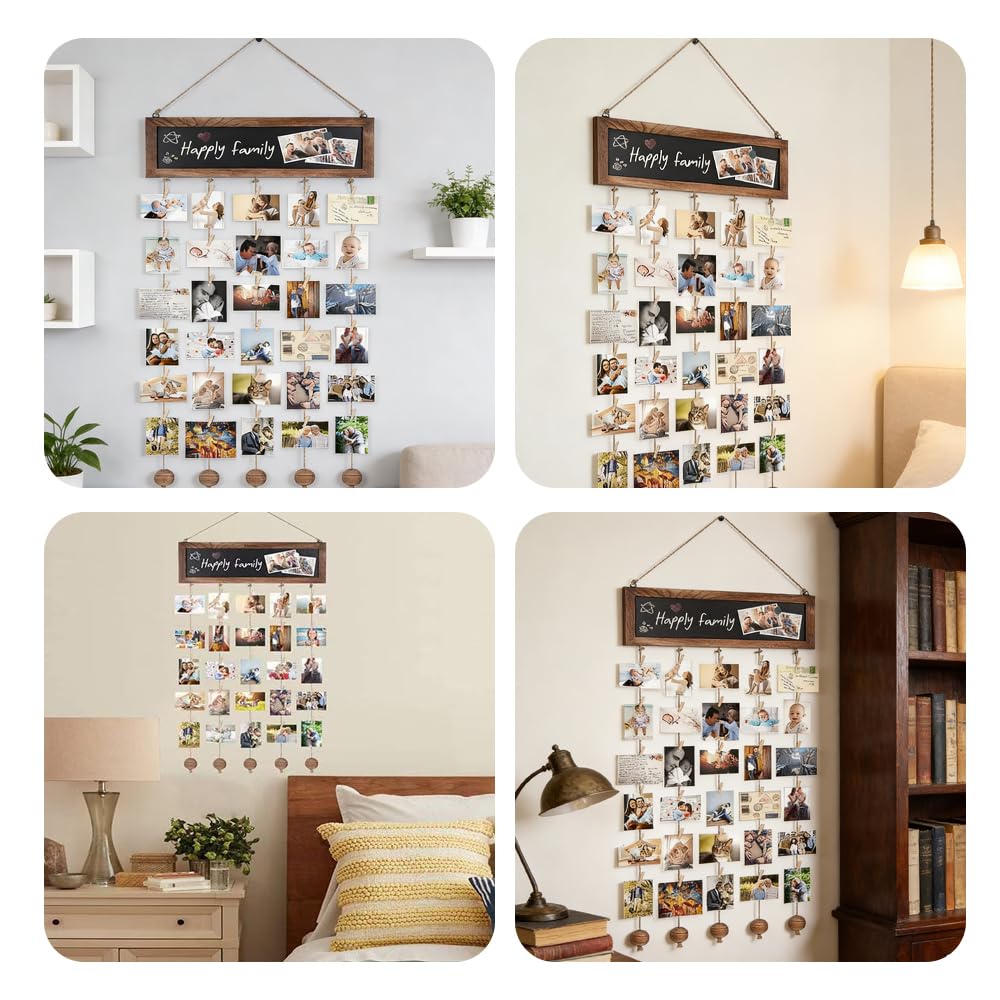 Bilderrahmen mit Klammern und Leine, Fotowand mit 30 Holzklammern, DIY Collage Fotoseil Fotoleine, für Wohnkultur Schlafzimmer, Zum Postkarten Aufhängen