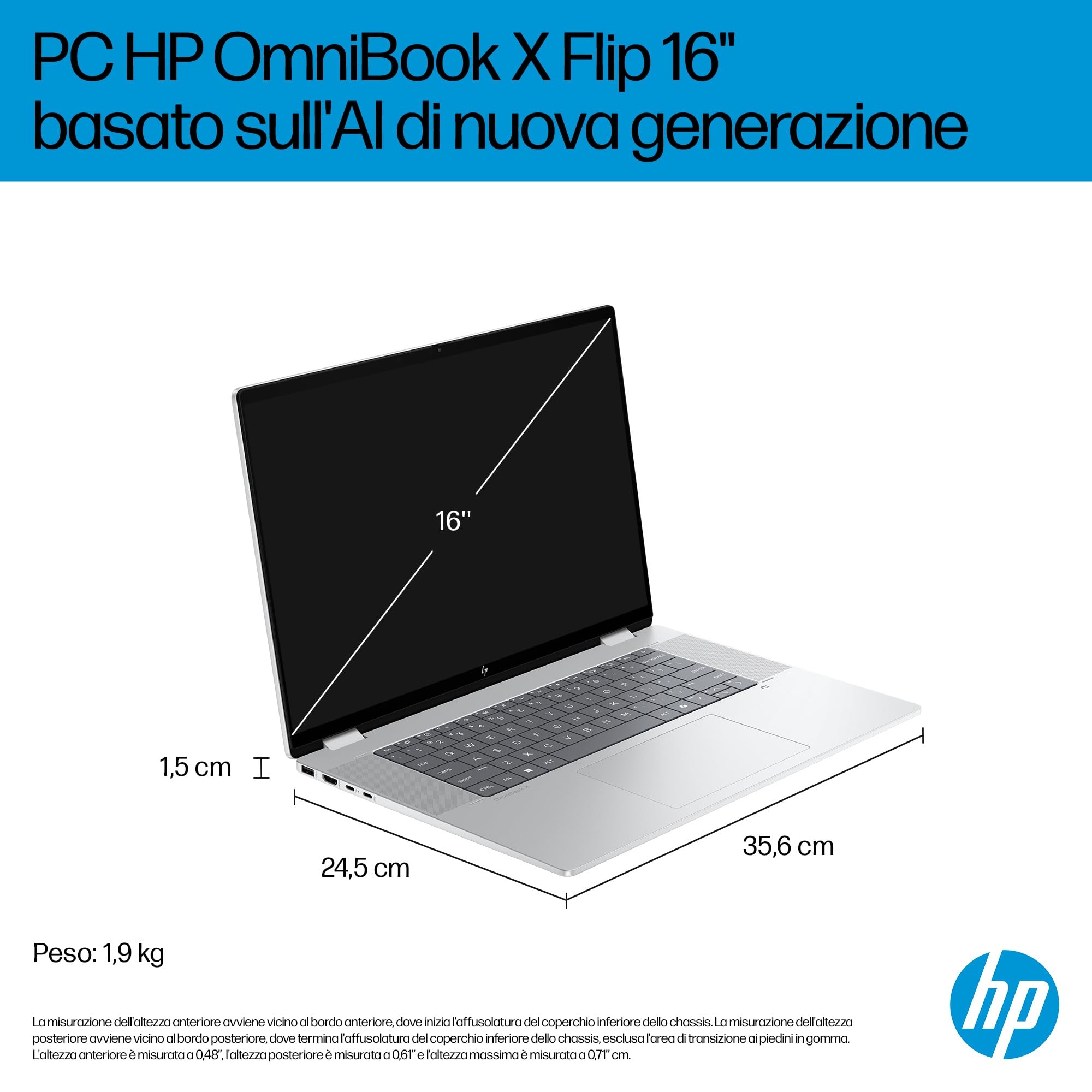 HP Omnibook X Flip 16-as0000sl, Convertibile, Copilot+ PC, AI, Intel Core Ultra 7-258V, 32GB RAM, 1TB SSD, Intel Arc, Display 16” Touch IPS 2K 400 Nits, 5MP IR Privacy Cam TNR, Windows 11, Argento