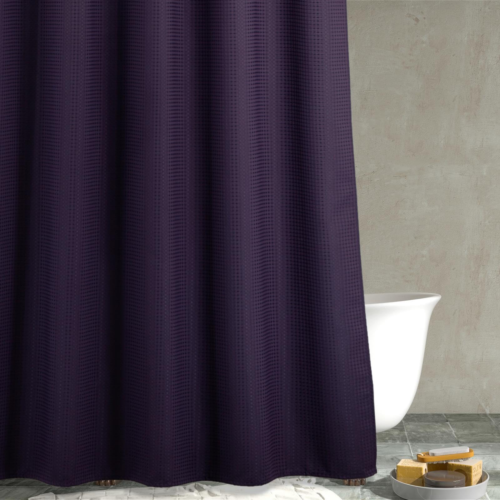 Popkozzi Purple Long Fabric Shower Curtain: 78 Inch Waffle Weave Heavy Duty Shower Curtains for Bathroom - 256 GSM Water Repellent Washable Thick Polyester Cloth Bath Curtain - 183 x 200 cm Drop