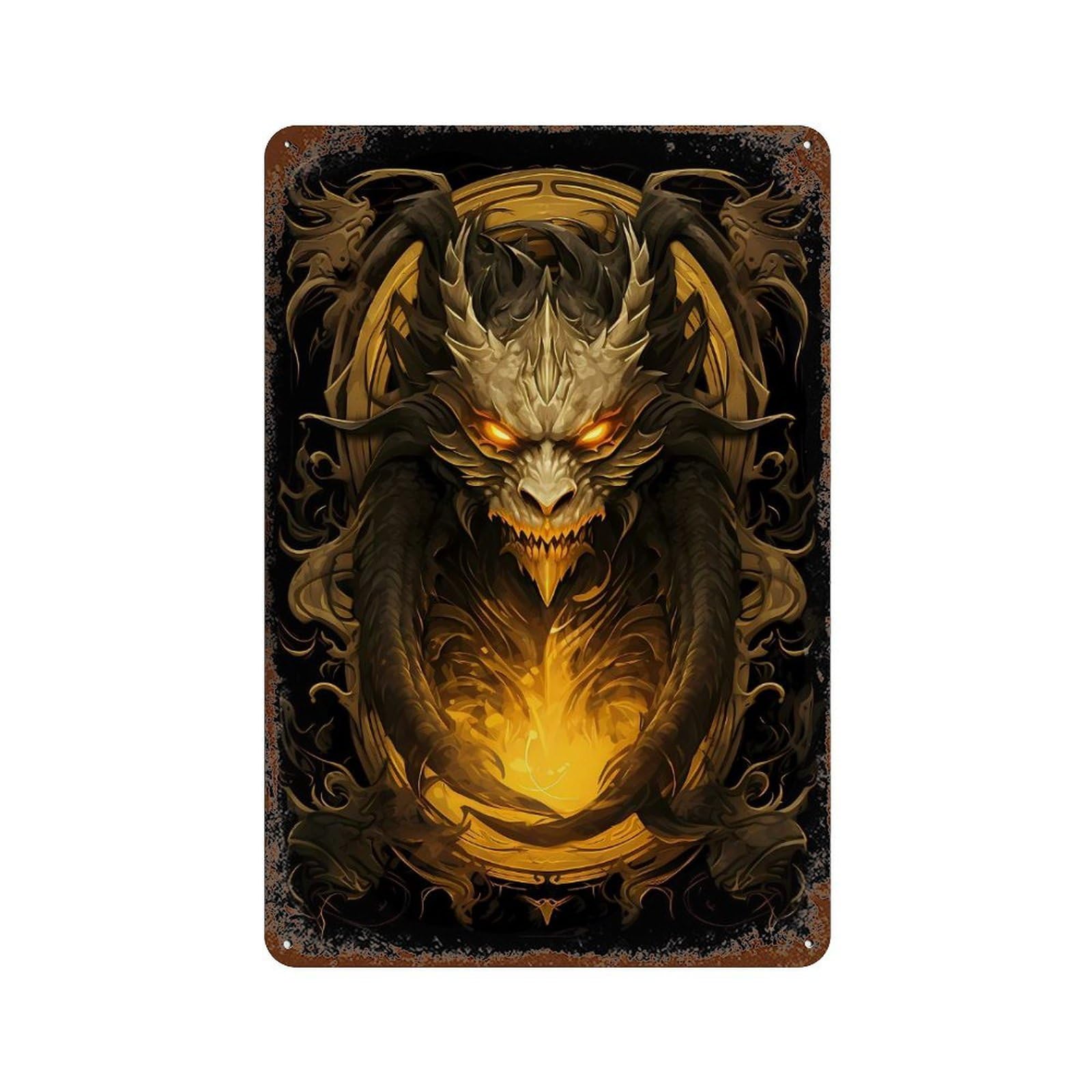 Golden Elder Dragon Art Retro Metal Sign 11.8"x7.9", Old School Wall Decor for Garage, Bar And Workshop Decor