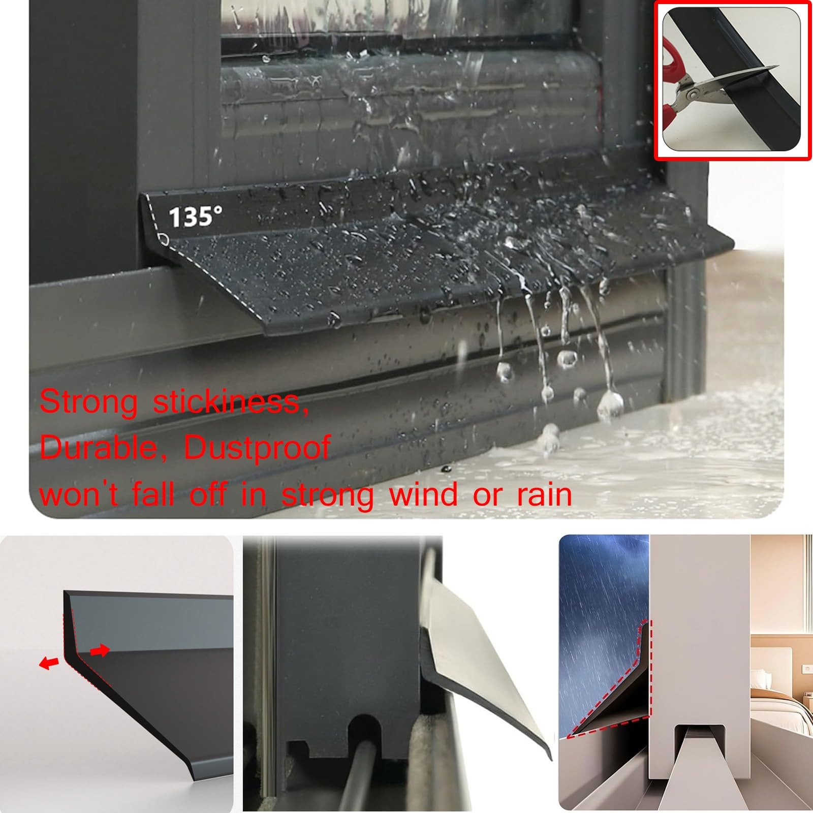 Selbstklebende Fenster-Regenabweiser, Selbstklebender Dichtungsstreifen, schwarz, for Fenster, Türen, Autos, verschiedene Größen(W4.5 x L400cm)