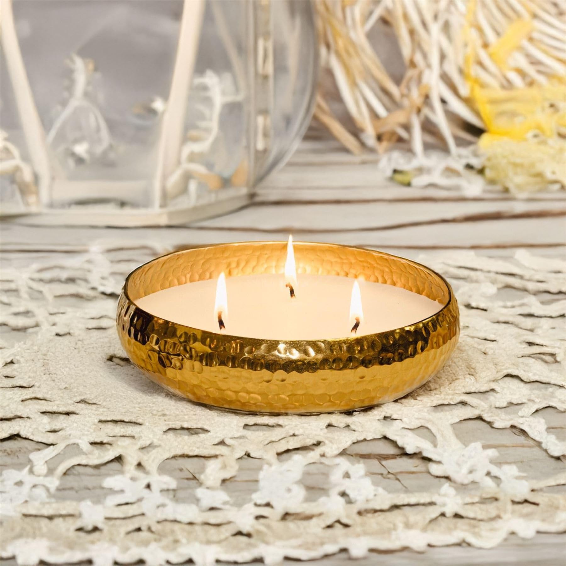 Round Gold Metal Display Bowl with Candle | 3 Wick Vanilla Scented Candle & Holder | Vanilla Fragrance - 16cm