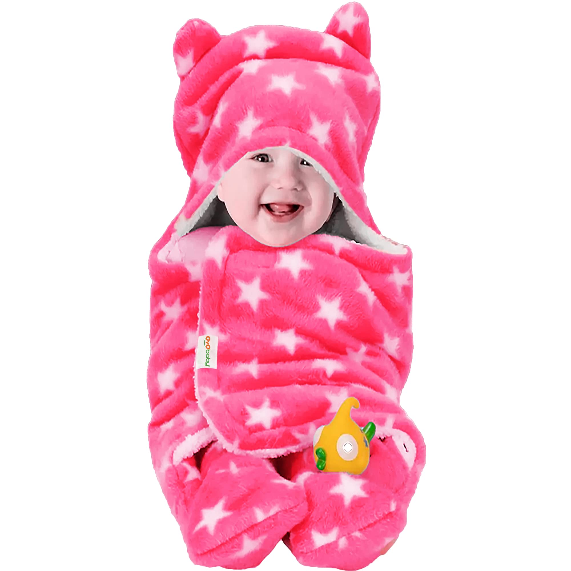 OYO BABY Ultra-Soft Star Print Swaddle Wrap Blanket with Hood & Booties – Pink, 0–6 Months | Cozy Fleece Infant Sleeping Bag, Wearable Baby Blanket & Swaddle Wrapper for Newborns, 72×68 cm