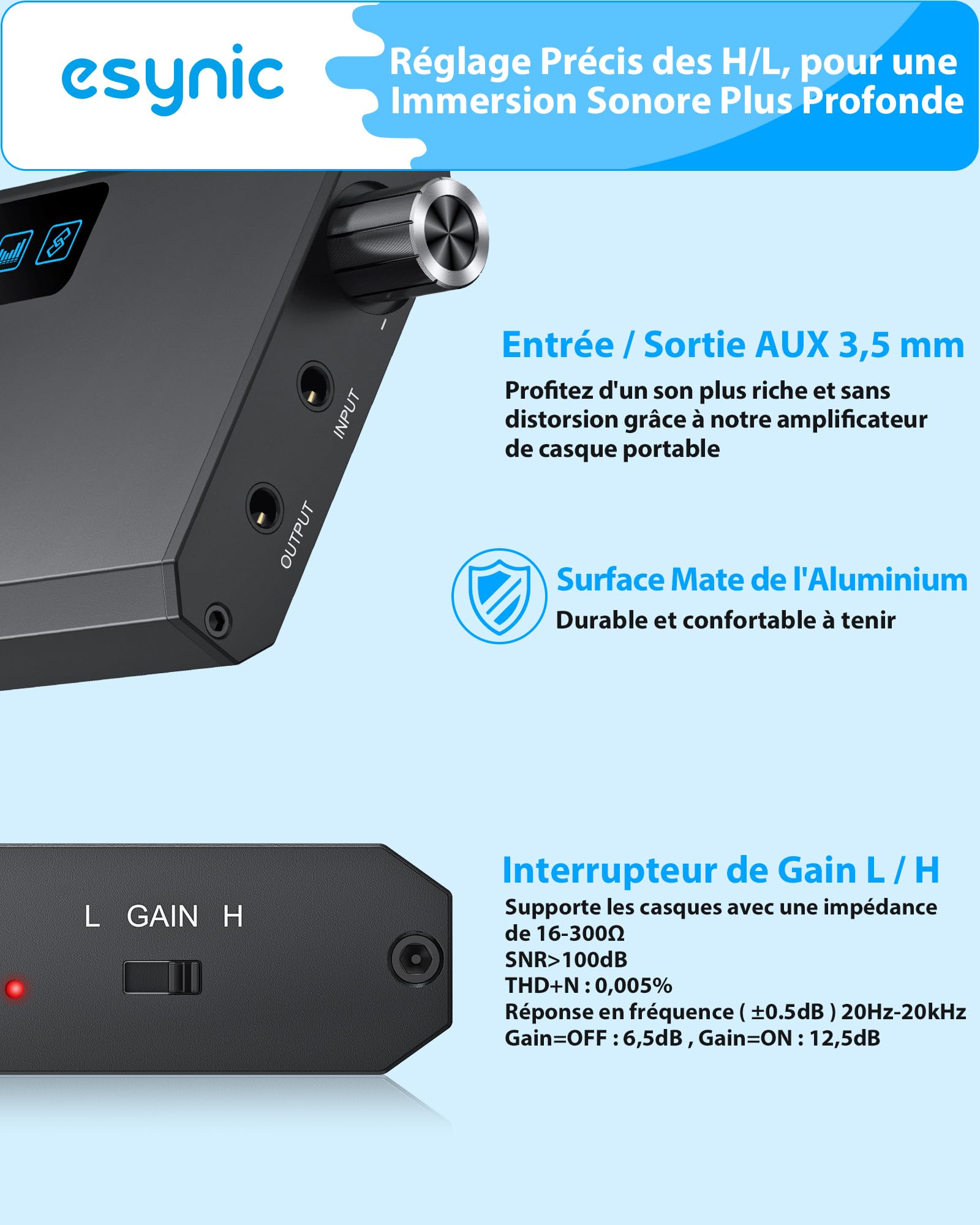 eSynic Amplificateur Audio avec Récepteur Bluetooth 5,1 Amplificateur de Casque HiFi 16-300Ω Interrupteur de Gain Entrée Sortie AUX 3,5 mm Ampli Casque Portable Batterie 1500mAh pour MP3 MP4 Téléphone