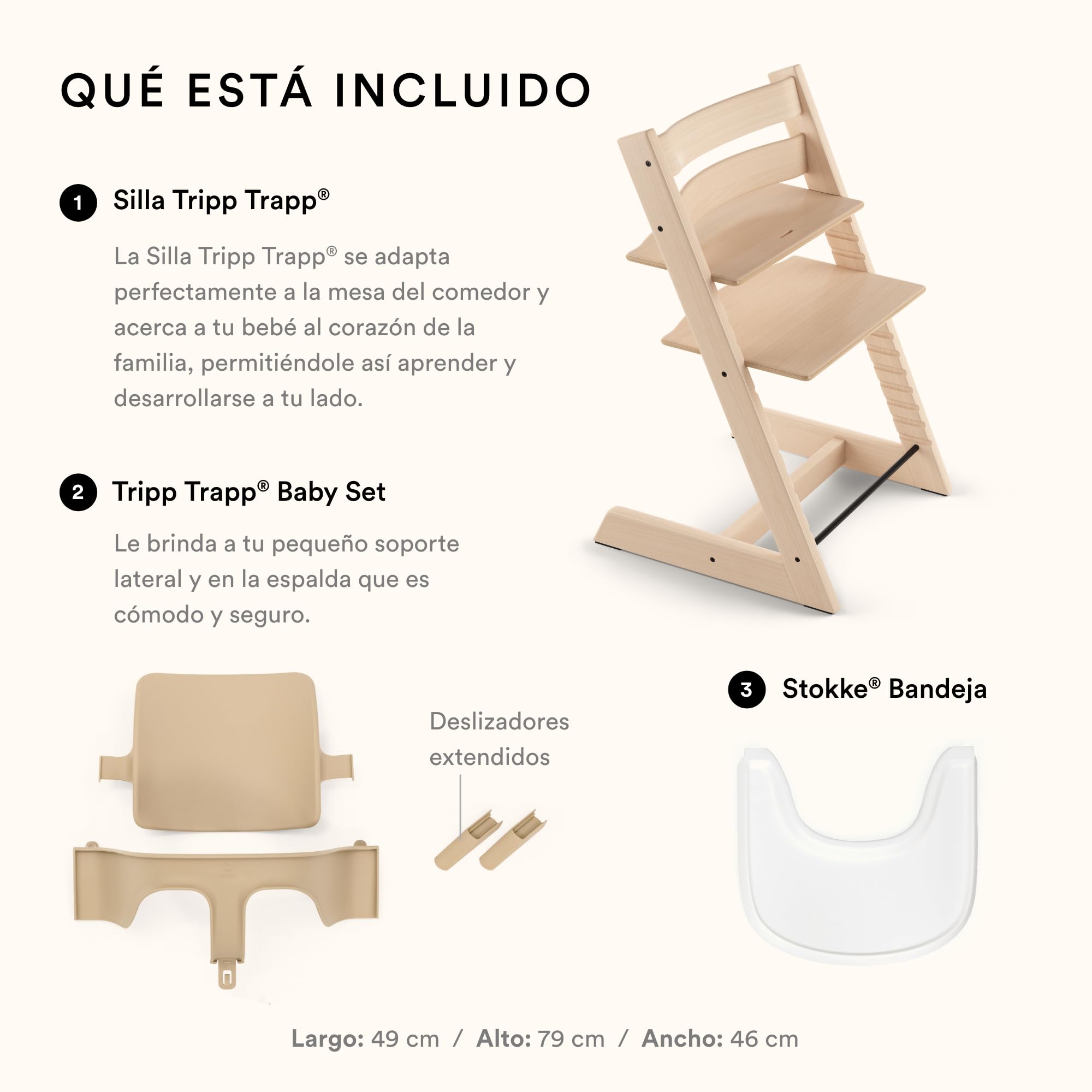 Trona Tripp Trapp de Stokke (Natural) Con Bandeja (Blanco) - Incluye Silla, Baby Set 2 Para Niños de 6 a 36 Meses - Ajustable y Fácil de Limpiar