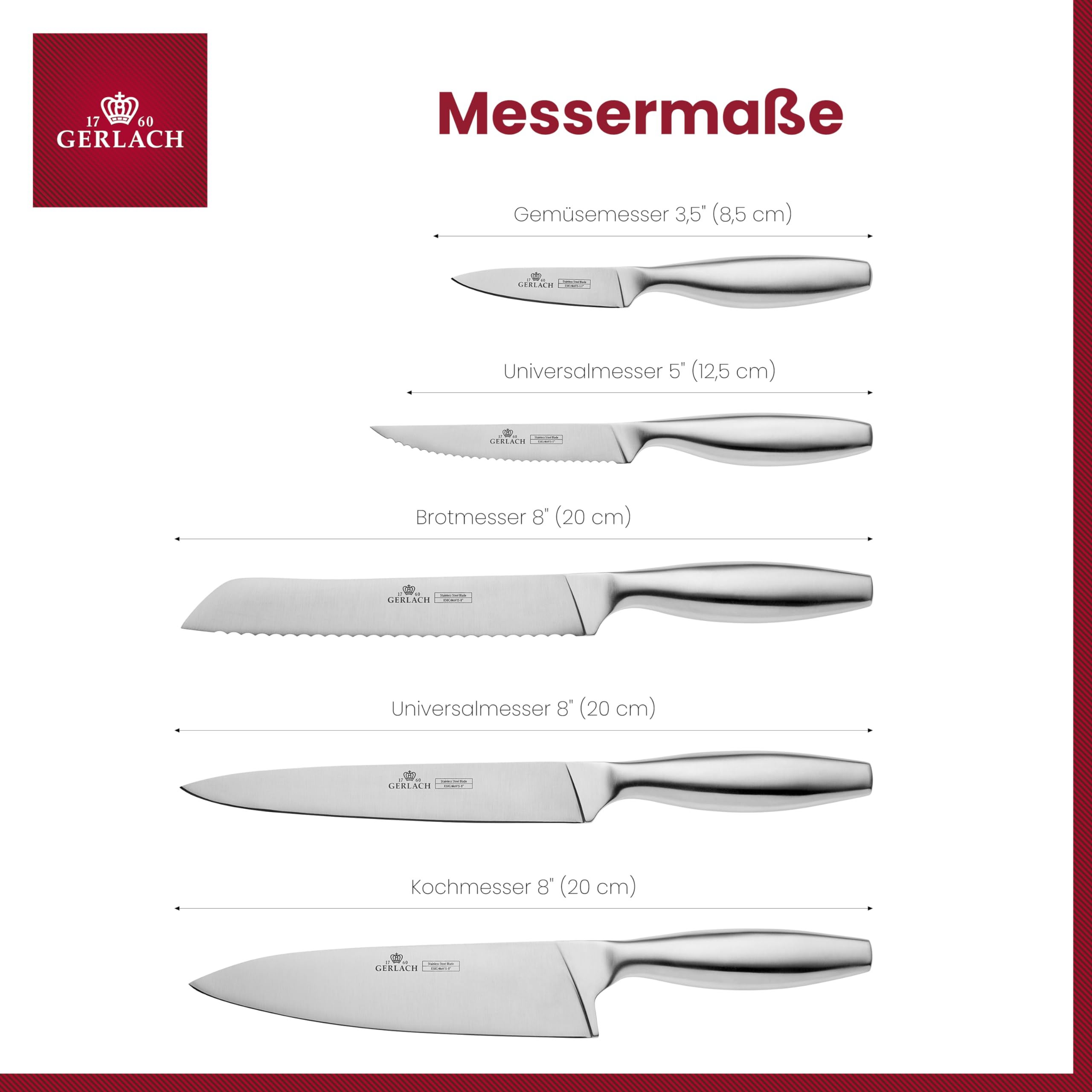 Gerlach Fine Messerblock Messerset Küchenmesserset 5 Messer Aus Edelstahl Küchenmesser im Buchenholz-Block Kochmesser Brotmesser Gemüsemesser Küche Küchenutensilien Küchenzubehör