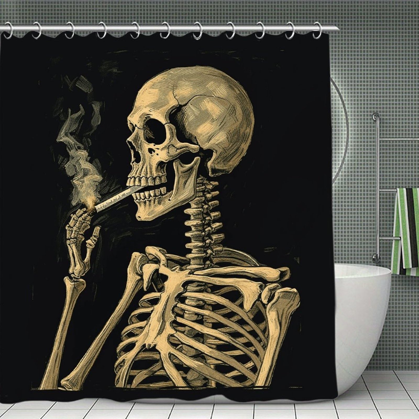 VstaDank A Skeleton with Burning Cigarette Bath Curtain Elegant Heavy Duty Shower Curtains 70x70 in Rustic Farmhouse Cloth Shower Curtains Neutral Modern Bath Curtain for Bathroom