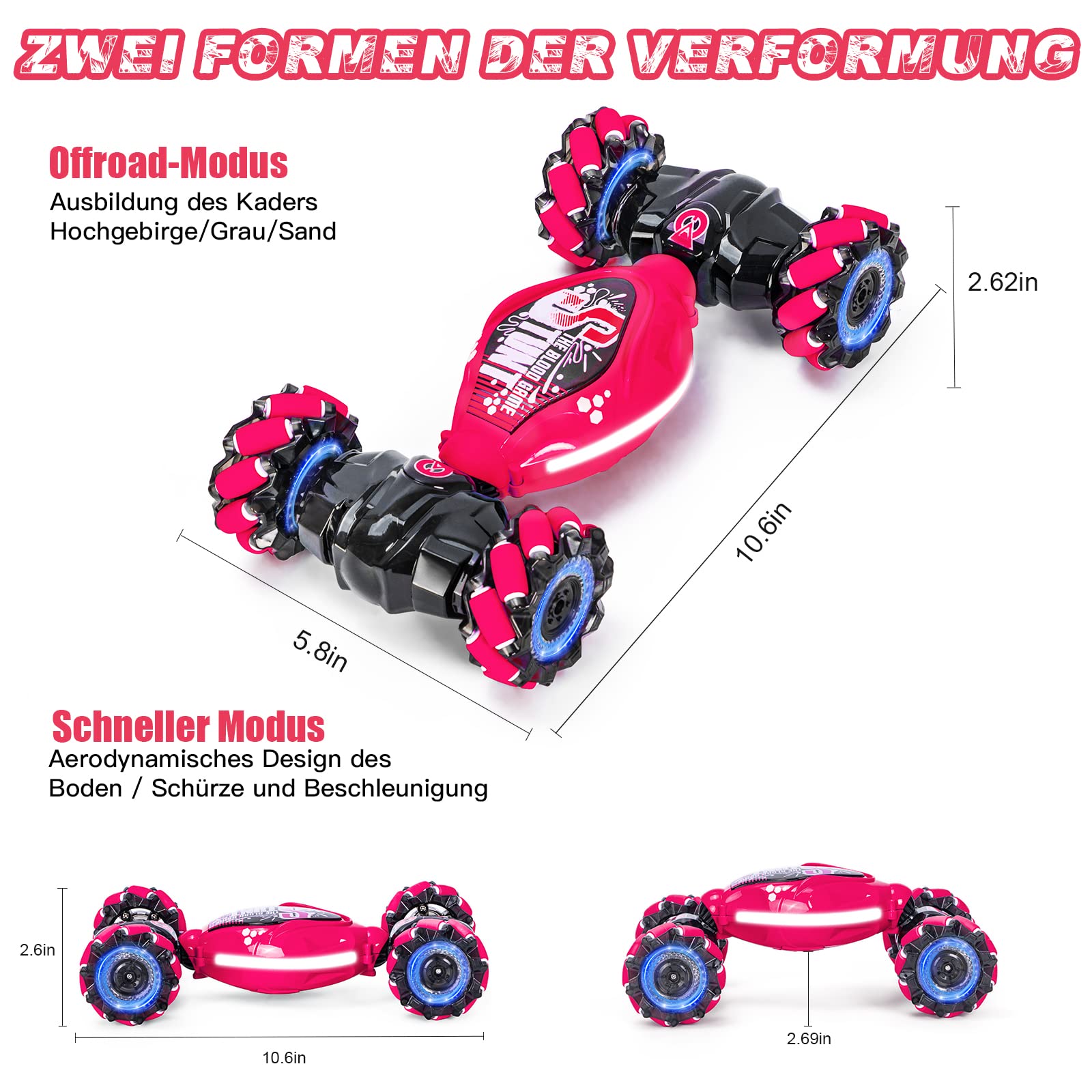 Ltteaoy Gesto Operazione RC Auto per Bambini,4WD 2.4GHz 6/7/8 anni auto telecomandata,doppio lato rotante Off-Road RC Twist Car 360 ° capovolge con luce e musica, regali per i bambini (rosa)