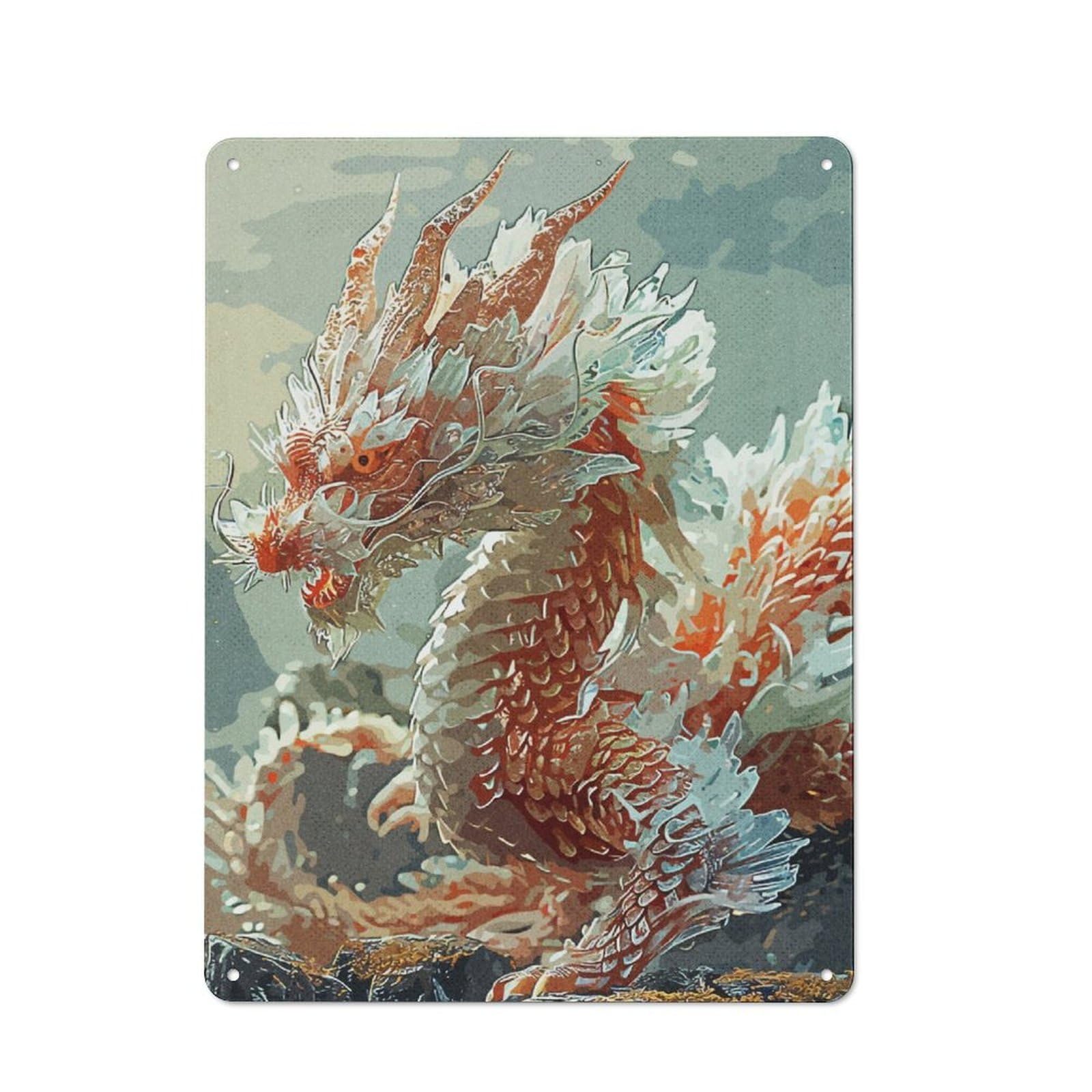 Junmoney Dragon Statue Vintage Tin Sign 40X30cm With For Dining Room Or Kitchen, For Dining Room Decor Fans