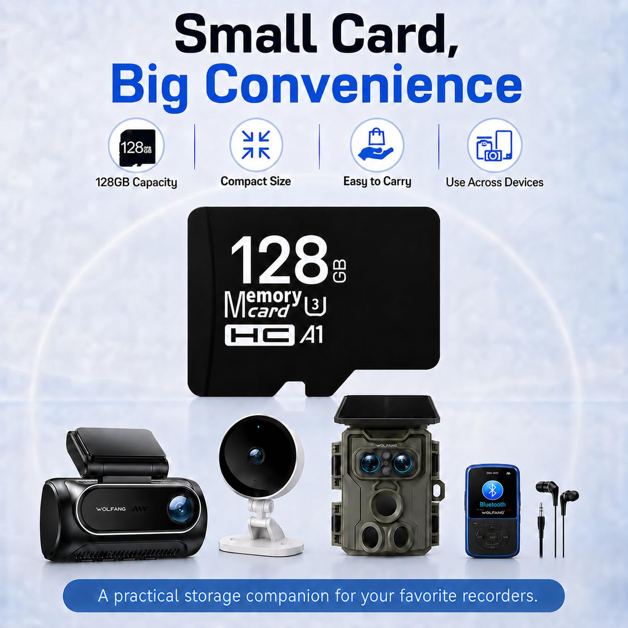 WOLFANG Tarjeta de Memoria Micro de 128 GB, Clase 10, Tarjeta TF de Alta Velocidad para cámaras Digitales, teléfonos móviles, cámara de Vida Silvestre, cámara de salpicadero, Reproductores de MP3