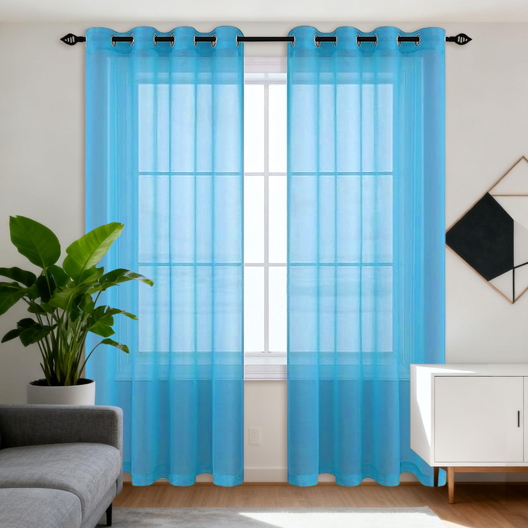 Rideaux voilage transparent bleu ciel oeillets pour salon et cuisine lumineuse