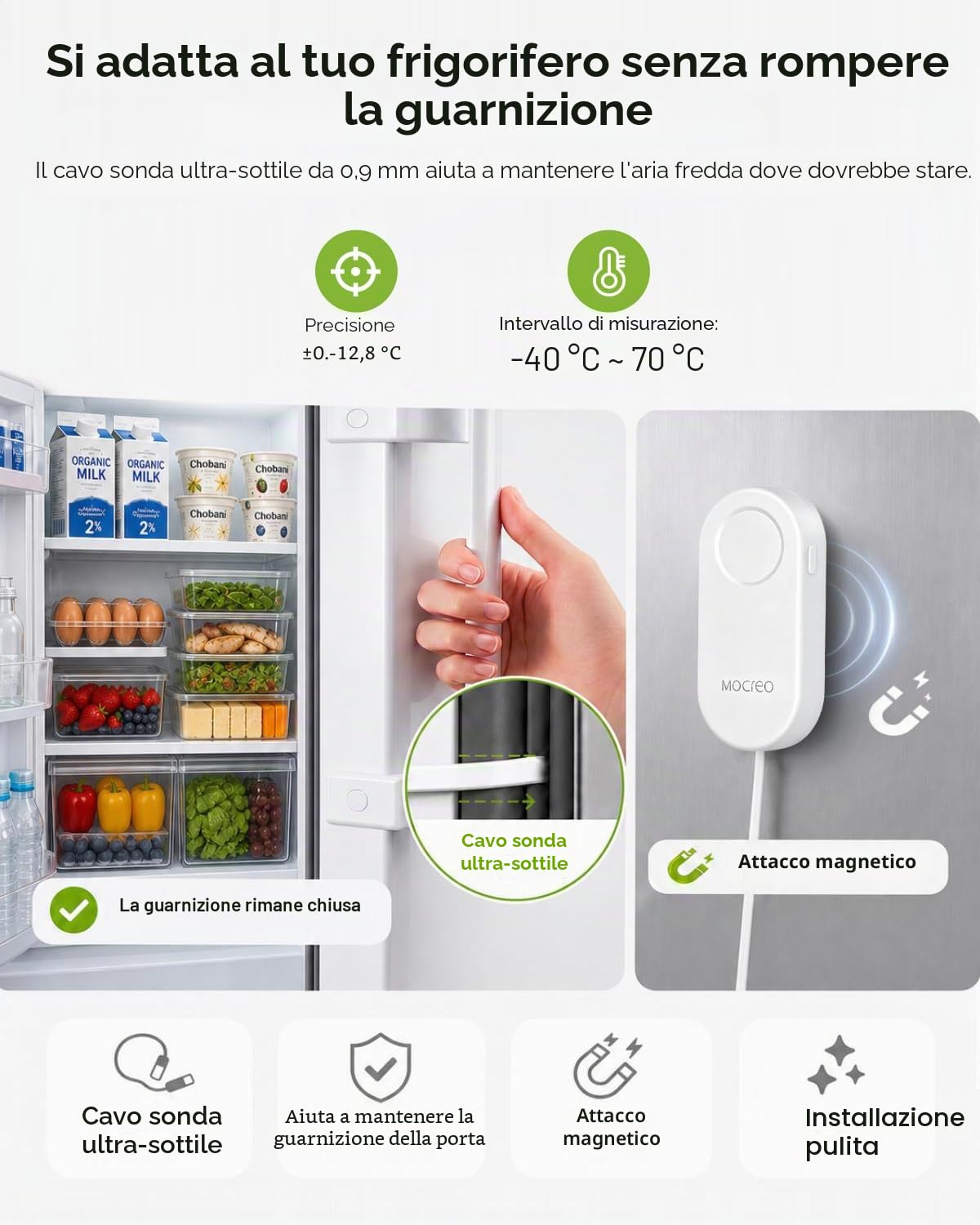 MOCREO Termometro WiFi allarme congelatore, avviso e-mail, notifica app, esportazione record dati, senza costi di abbonamento, sensore di temperatura wireless remoto per frigorifero, congelatore,