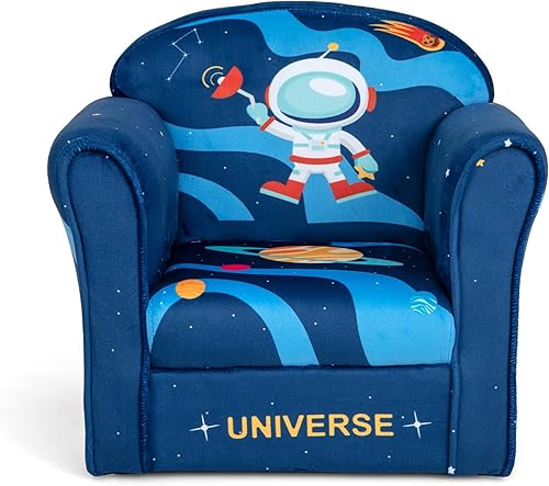 Miniatura 8 de HONEY JOY Sofá para niños, sillón para niños pequeños con patrón de astronauta, mini muebles de sala de juegos para niños, construcción de madera