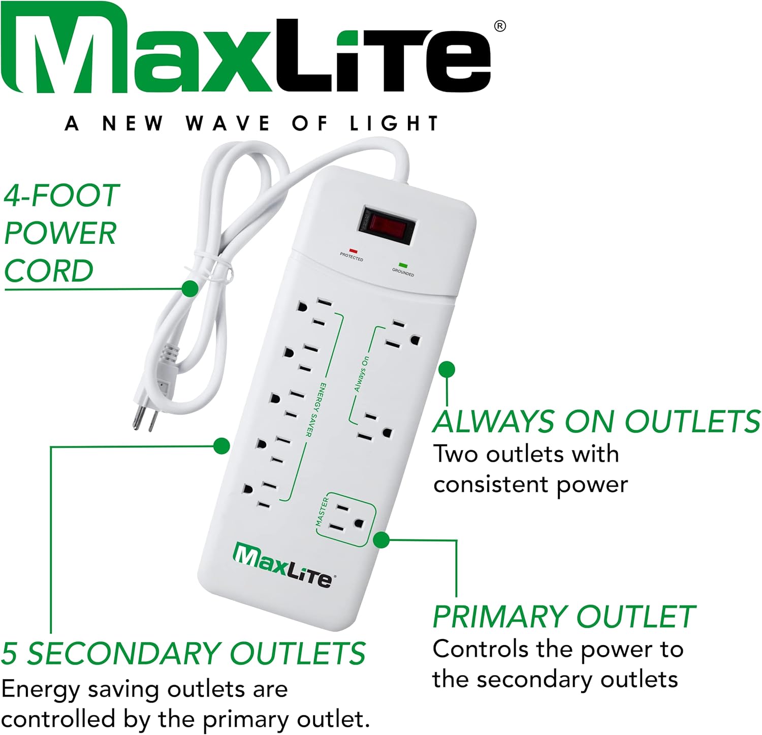 MaxLite Advanced Power Strip with 8 RECEPTACLES and 1350 Joules of Surge Protection,White,APS-8/1350J