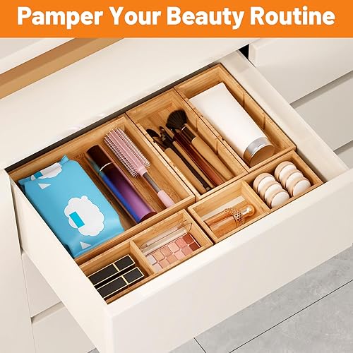 Miniatura 6 de SpaceWhisper Organizador de cajones de bambú, divisor de cajones de 10 piezas con separadores extraíbles para organización y almacenamiento, caja de