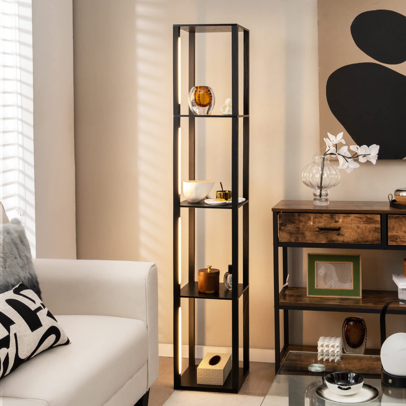 HOMASIS Lampada da Terra a 4 Ripiani in Legno, Piantana Led con 3 Livelli di Luminosità Regolabili, Angoliera Soggiorno con Palo Luminoso Rotabile a 360° per Salotto, 29 x 29 x 163 cm (Nero)
