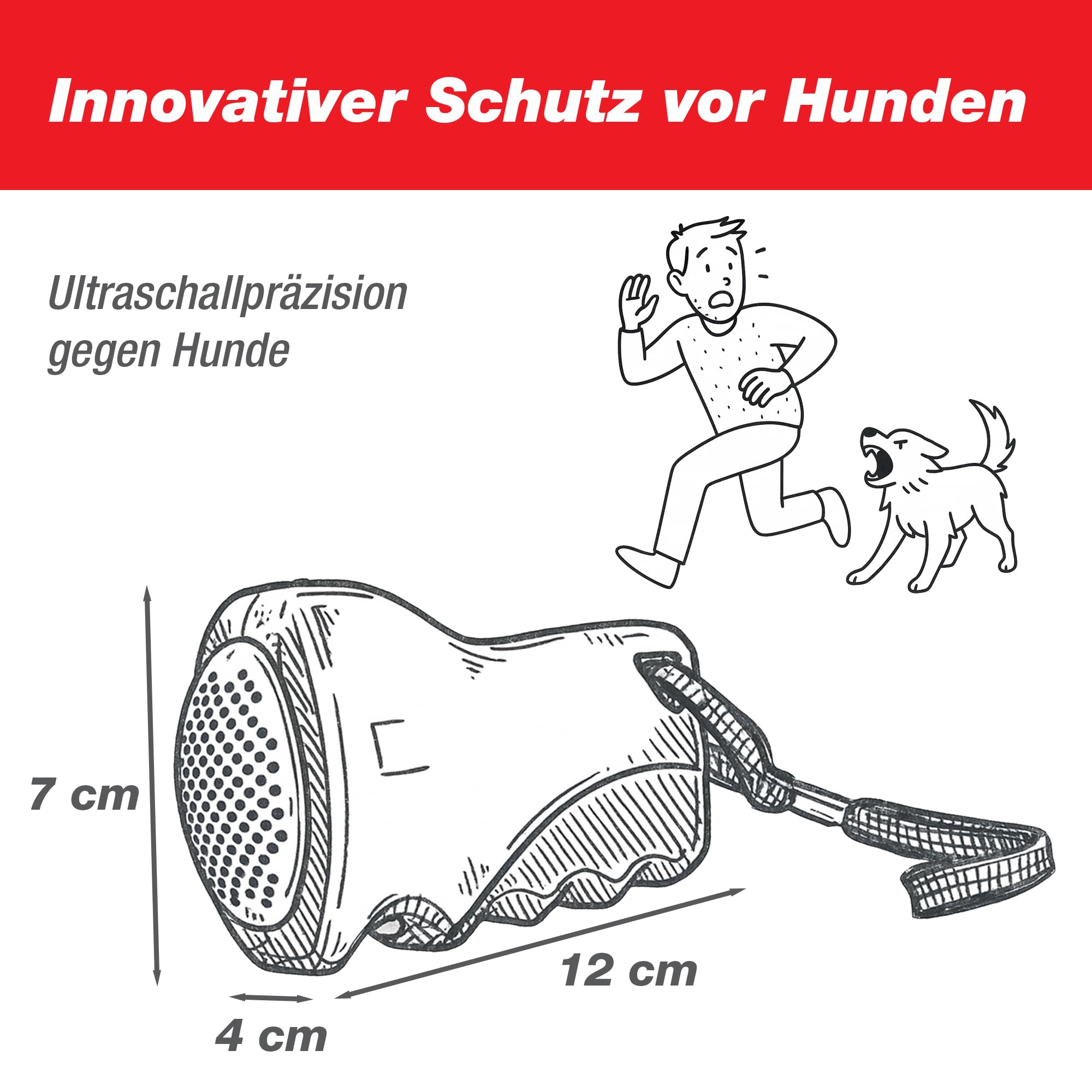 SWISSINNO Hundevertreiber Ultraschall – Handgerät mit bis zu 12 m Reichweite – Batteriebetrieb für mobilen Einsatz beim Joggen Radfahren Spaziergehen oder zur Unterstützung beim Hundetraining