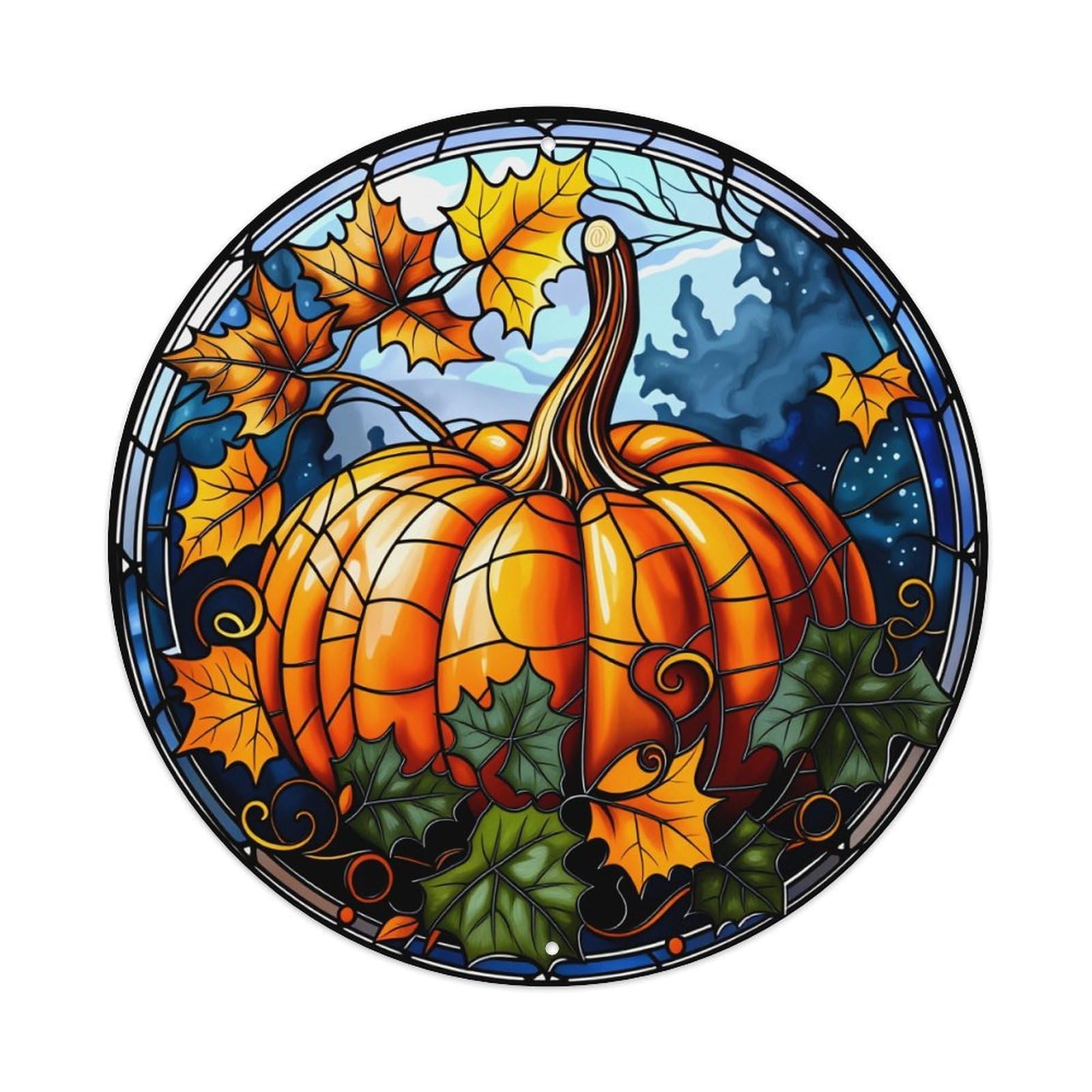 Pumpkin Autumn Leaves Stained Glass Round Tin Sign Vintage Metal Poster Retro Bar, Home, Man Cave, Kitchen, Laundry Room Wall Art Decor Gift 8x8In