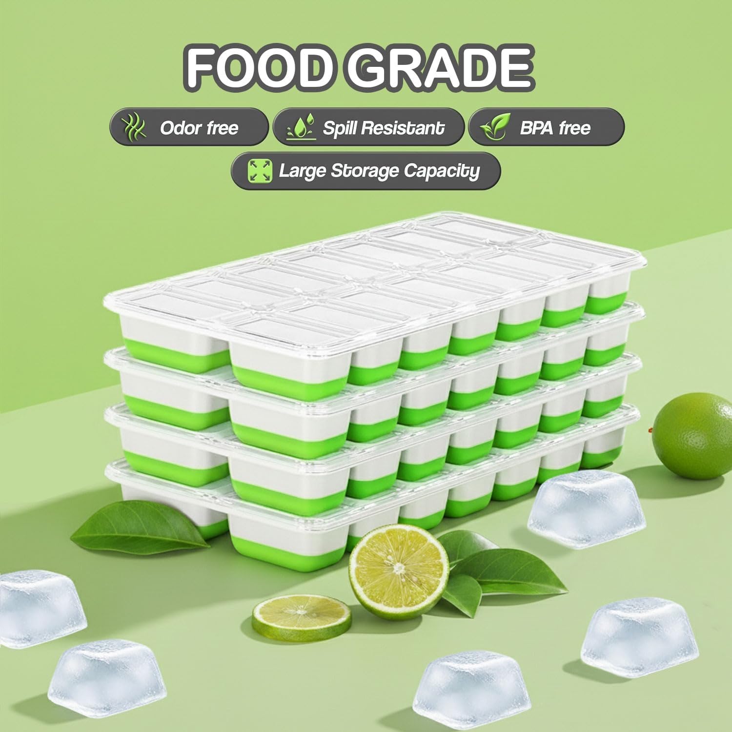 Ice Cube Tray with Lid and Bin – Staable 4 Trays Silicone Plastic