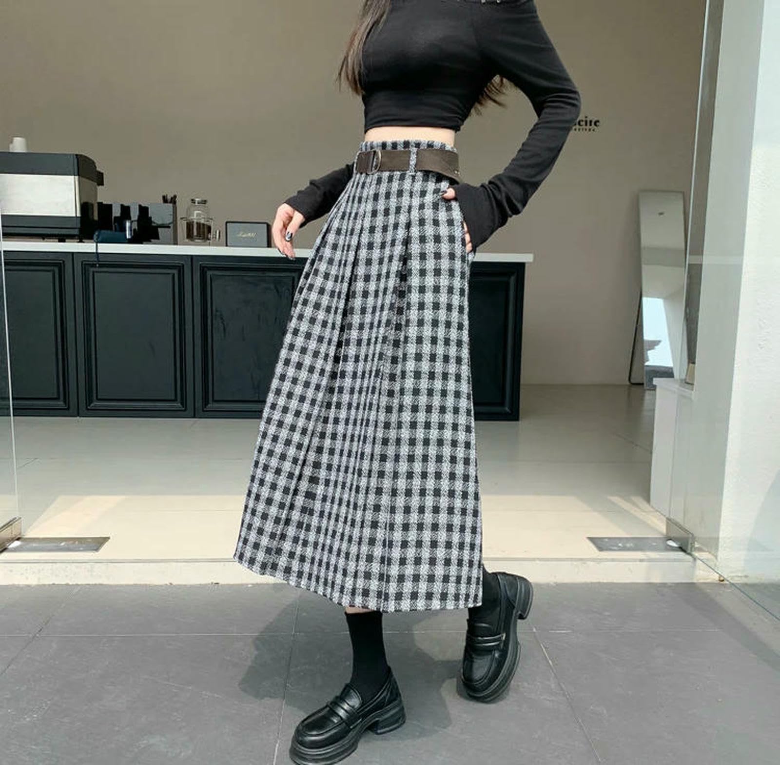 Gonna Lunga Gonne A Trapezio da Donna Vintage Autunno Inverno con Cintura Vita Alta, Larghe Casual Ombrello-Nero-l