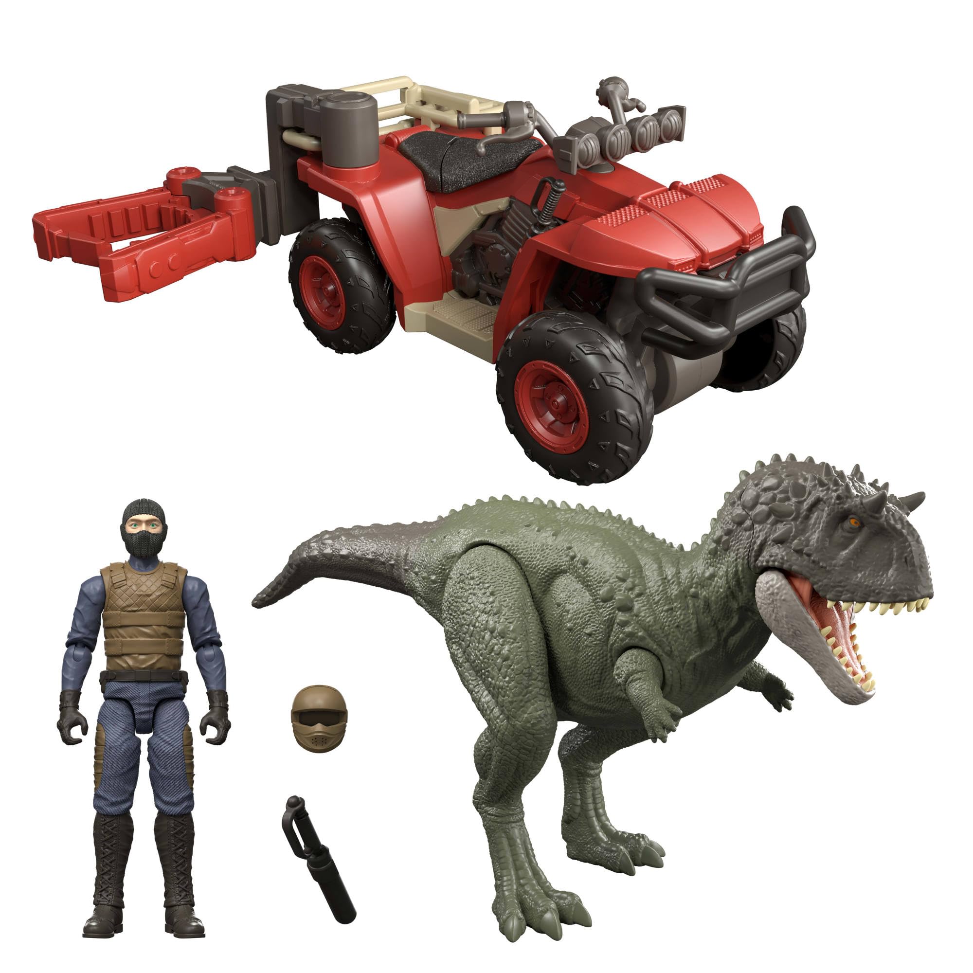 Jurassic World Set mit Fahrzeug, Menschen- und Dinosaurier-Actionfigur, Quad-Set mit Fangklaue sowie Fang-Elementen zum Geschichtenerzählen, JKG91