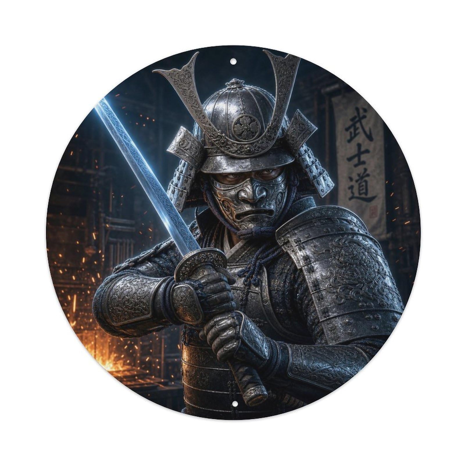 Okngb Style Steel Silver Diagonal Upward Guard Dark Samurai Armor Metal Tin Sign Plaque Wall Decor For Cafe, Man Cave, Club Bar, Office, Home Garden Round Metal Poster 8X8inch