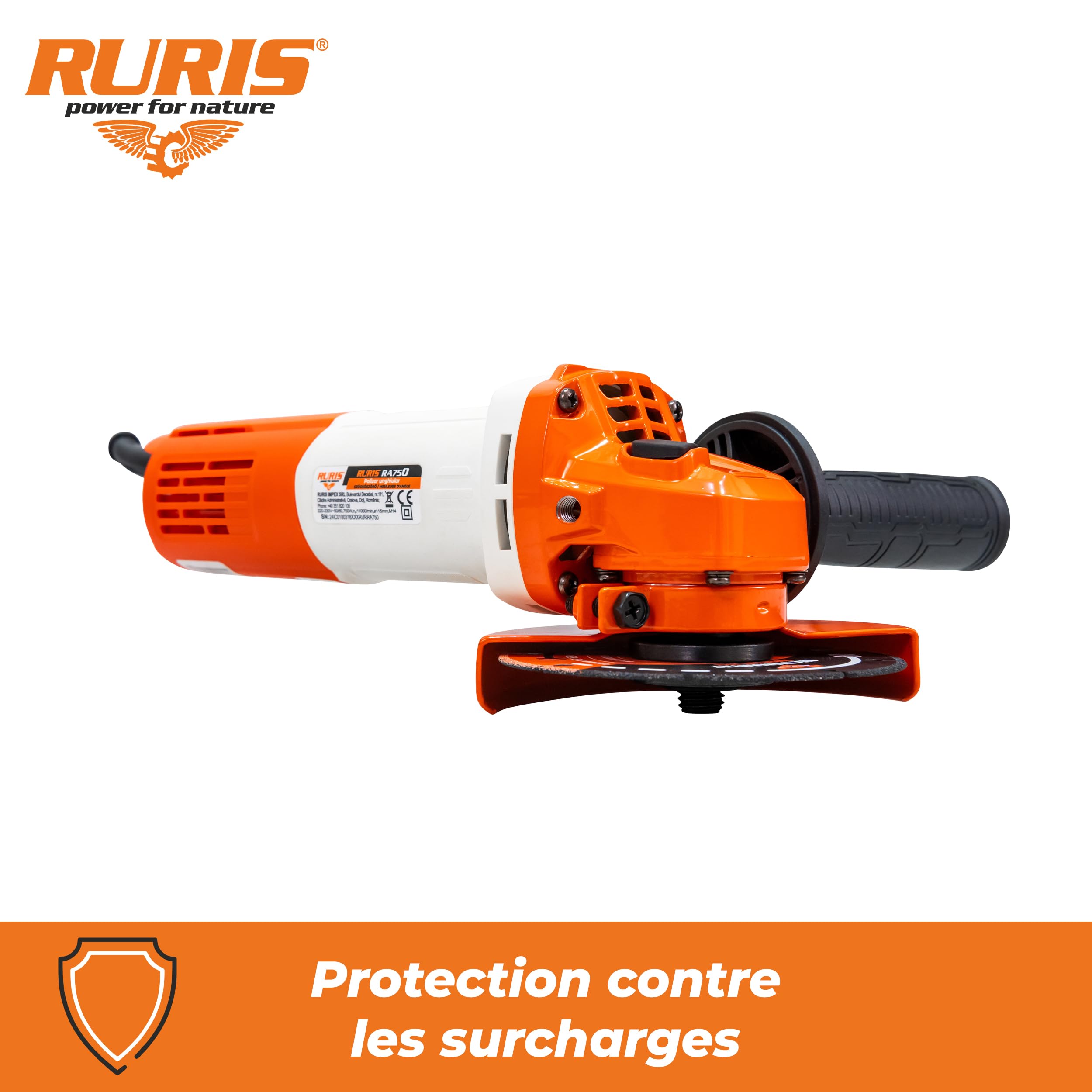 RURIS - Smerigliatrice angolare elettrica RA750, 750 W, disco 115 mm, 11000 rpm, sistema Power Off, impugnatura morbida grip, protezione regolabile, taglio, levigatura e lucidatura, 220 V
