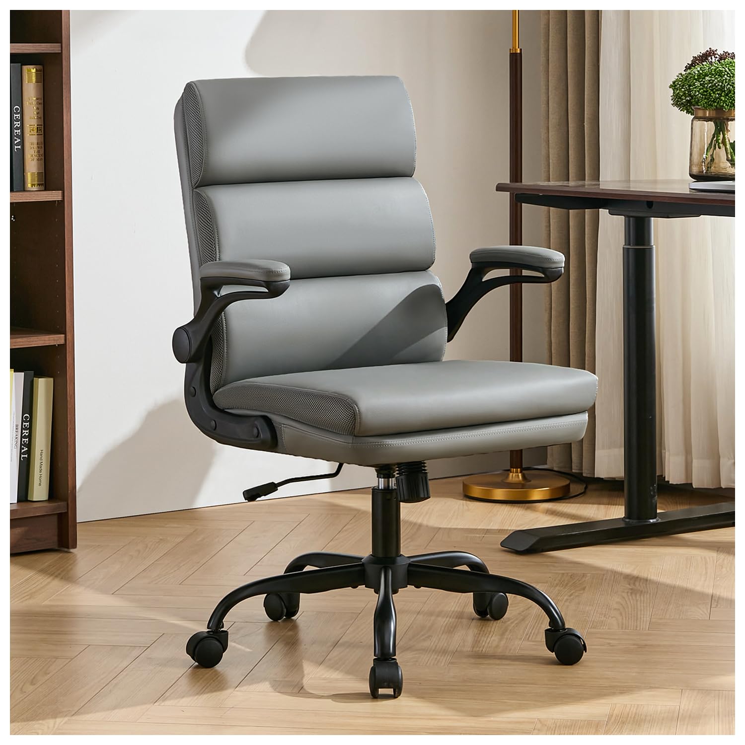 Amseatec Office Chair Adjustable Desk Chair Mid Back Executive Comfortable Bonded Leather Ergonomic Back Support Home Comp...