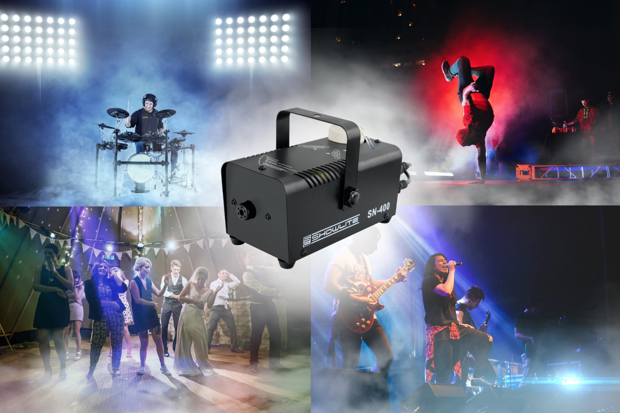 Showlite SN-400 Machine à fumée avec télécommande (seulement 3 minutes de préchauffage) - Effet de brouillard adapté aux discothèques - Compact et peu encombrant avec une puissance de 400 watts