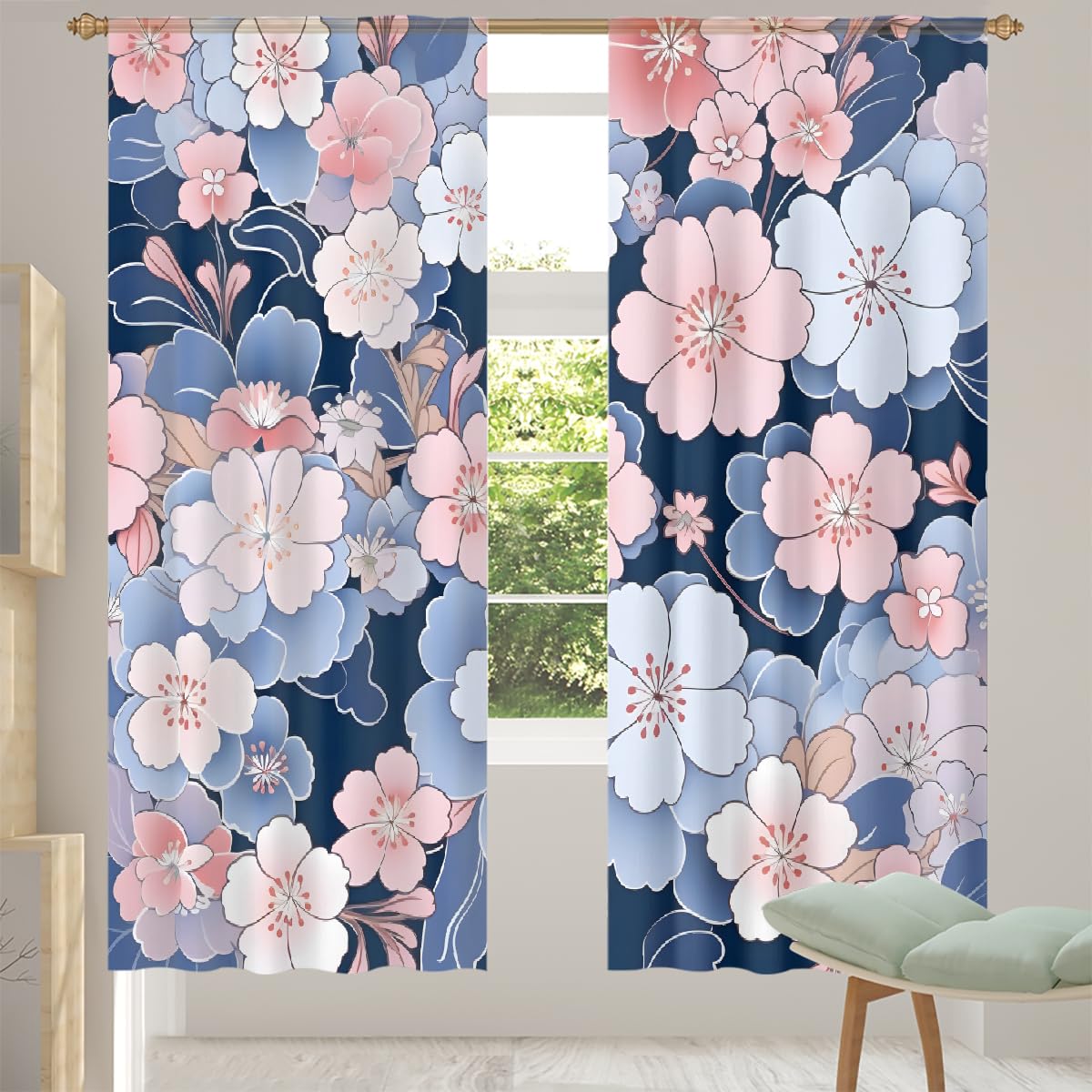 TropicalLife Japanese Cherry Blossom Semi Transparent Sheer Curtains - Slot Top Voile Curtain Panel for Living Room & Bedroom Window Treatments(55 "Wide x 84" Drop 2 Panels)
