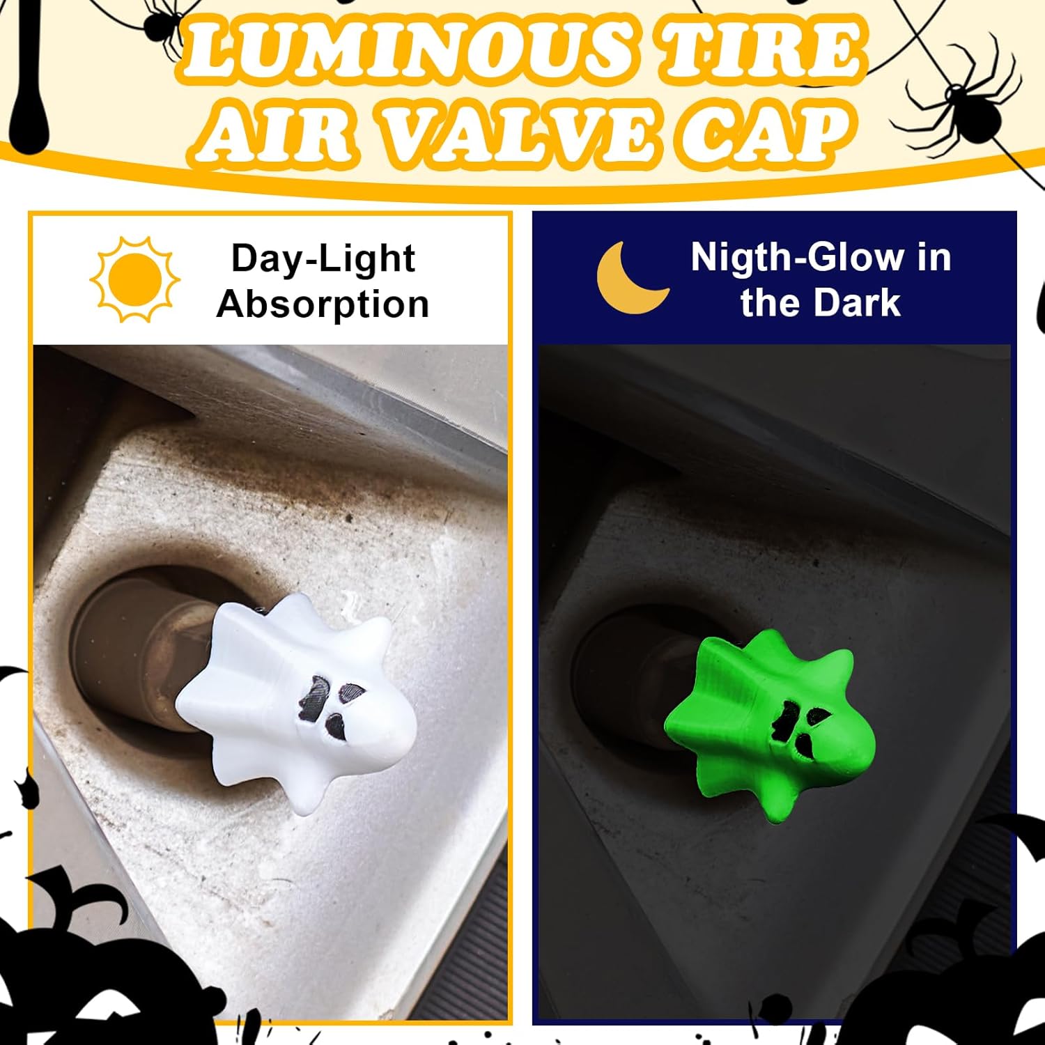 4 Pack Ghost Tire Valve Stem Cap, Glow in The Dark Valve Stem Cover, Halloween Tire Air Caps for Cars Bikes Motorcycles Trucks, Decorative Car Wheel Accessories (Ghost) - Image 3