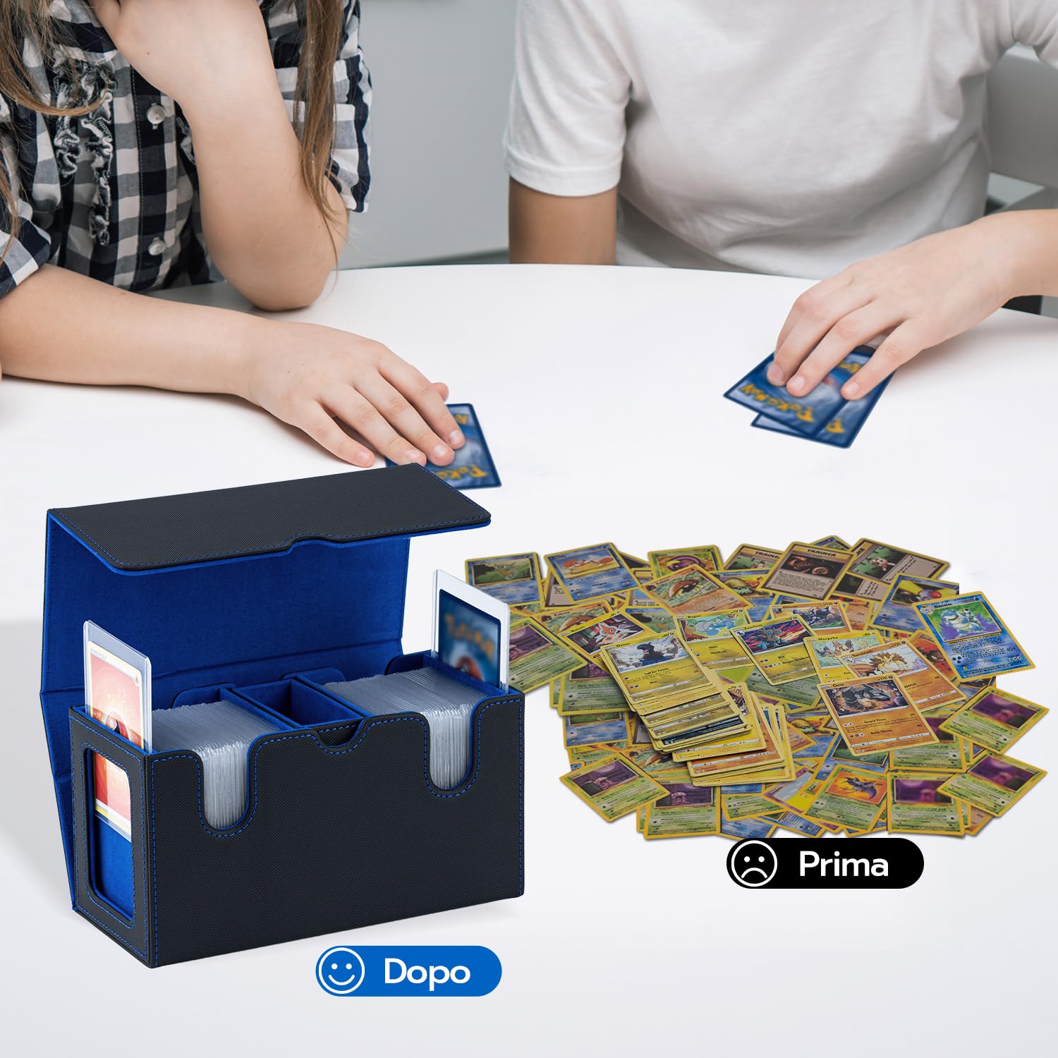 MTG Deck Box con scomparto e finestre di visualizzazione laterali, 3 in 1 Magnetic Card Box per contenere 200+ TCG Carte da Collezione, Blu e Nero