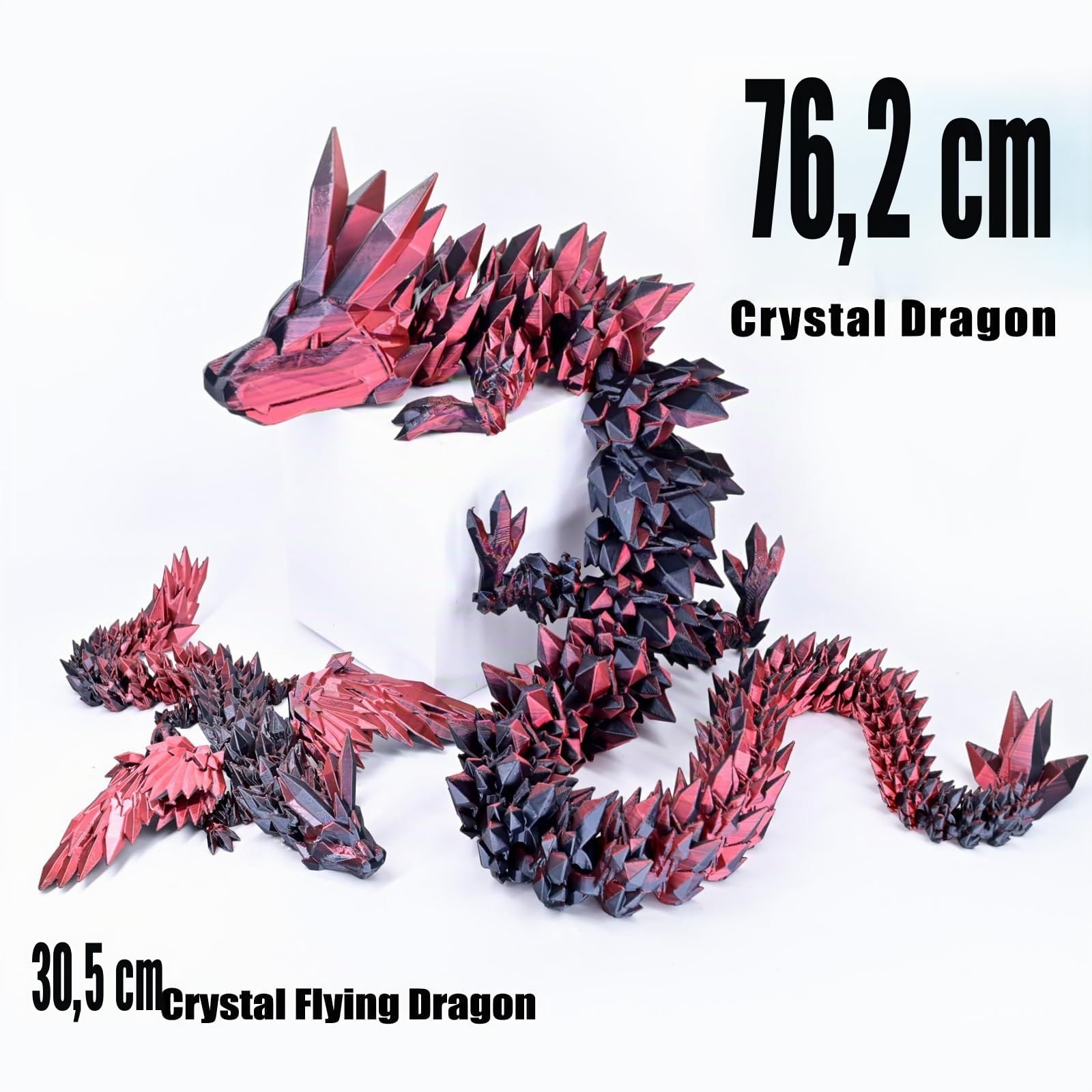 76 cm Großer 3D Gedruckter Drache – Bewegliches Drachen Spielzeug mit Flexiblen Gelenken, Riesiger Fidget Spielzeug als Schreibtischdeko Geschenk für Kinder Erwachsene（Rot Schwarz）