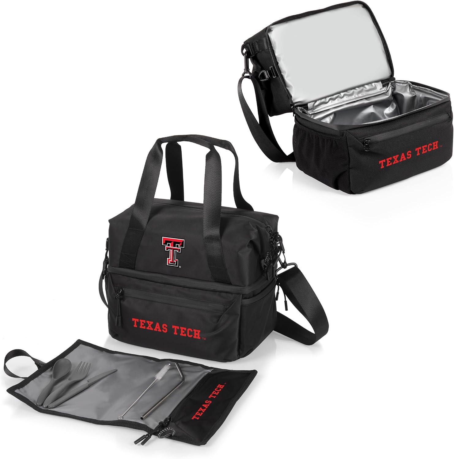 PICNIC TIME NCAA Oklahoma Sooners Tarana Lunch Bag Cooler with Utensils Made from Recycled Material, Lunch Box with Picnic Set, Upcycled Lunch Cooler Bag, (Carbon Black)