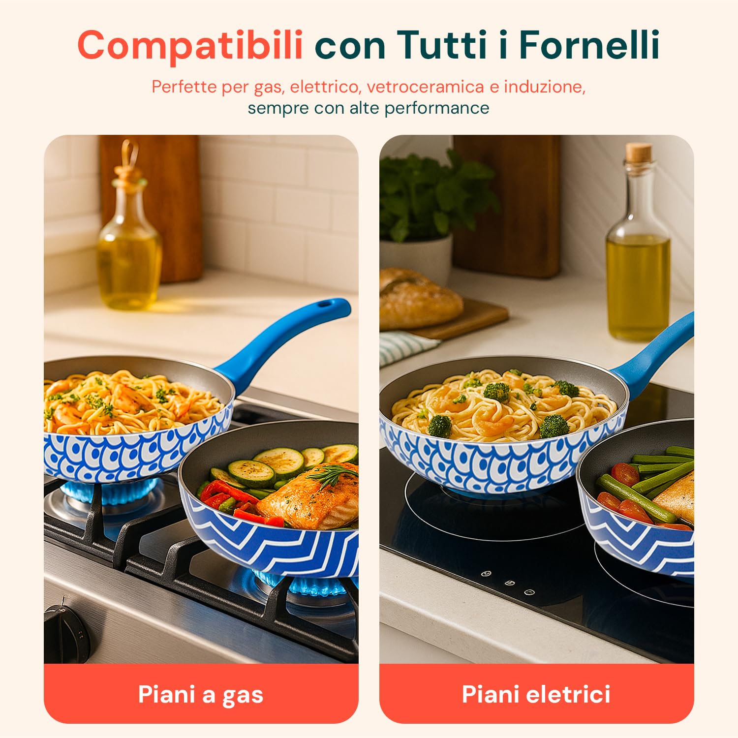 Avilia - Set Padelle Antiaderenti 24-28 cm con Rivestimento a Base d’Acqua per Cottura Sana e Uniforme, Lavabili in Lavastoviglie, Compatibili con Induzione, Manico Ergonomico e Design Mare