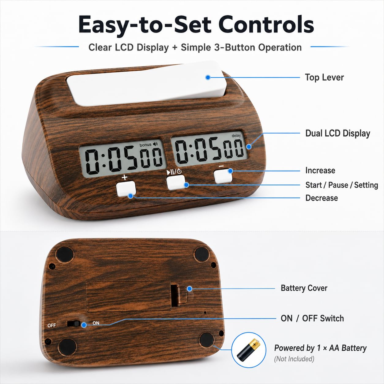 LEAP Orologio per scacchi, timer per scacchi digitale con ritardo e bonus, professionale per giochi tavolo, timer, venature del legno