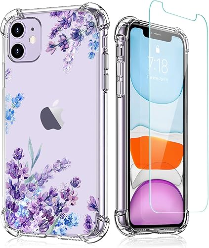 Funda diseñada con flores para iPhone 11 con protector de pantalla, funda transparente floral para mujer, a prueba de golpes, funda protectora de