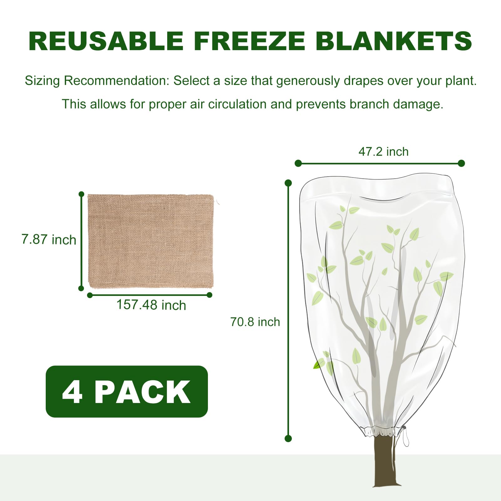 4 Packungen Pflanzenabdeckungen, Frostschutz mit Jute-Baumwickel, 119,9 x 180,9 cm, Pflanzenabdeckungen mit Reißverschlüssen und Kordelzug, Winter-Frosttücher für Outdoor-Pflanzen und