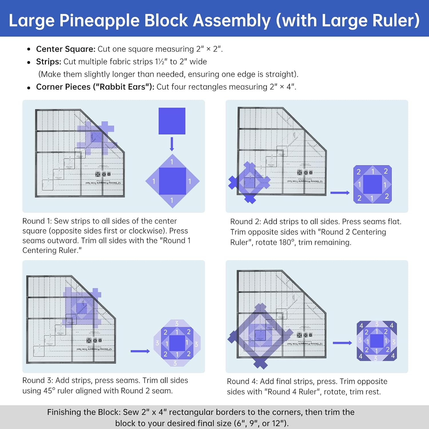 Acrylic Pineapple Block Quilting Ruler Set, Multi-Size Quilt Template for 4" 5" 6" 8" 9" 10" 12Inch Blocks, Transparent Patchwork Sewing Guide, Pineapple Trim Tool for Craft Designers DIY Enthusiasts