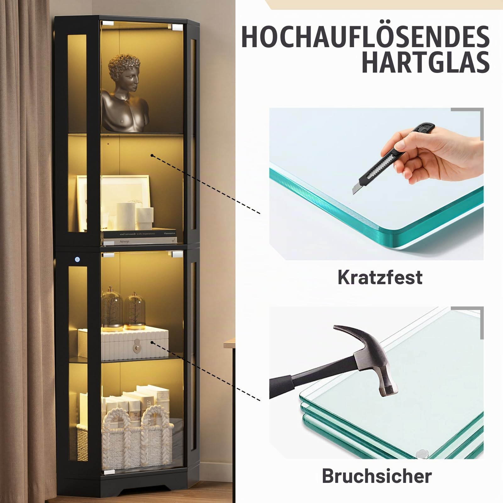 Eckvitrine mit Glastüren, Tall 165cm Eck Bücherregal mit 3 Farben Led Beleuchtung, 4-Ebenen Vitrinenschrank, Sammlervitrine für Wohnzimmer Schlafzimmer Büro, Schwarz