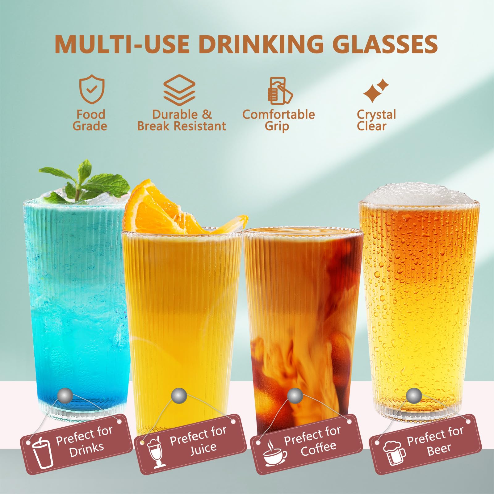 Bicchieri Acqua con Coperchio e Cannuccia, 2 Pezzi 375 ML Vetro Tazze per Cappuccino Cocktail Caffè Freddo Tè e Soda