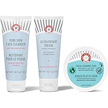 First Aid Beauty - Travel Bundle Pure Skin Face Cleanser 2 oz, Ultra Repair Cream 2 oz, Facial Radiance Pads 28 Pads, Ultimate Hydration & Cleansing Set with Glycolic & Lactic Acids
