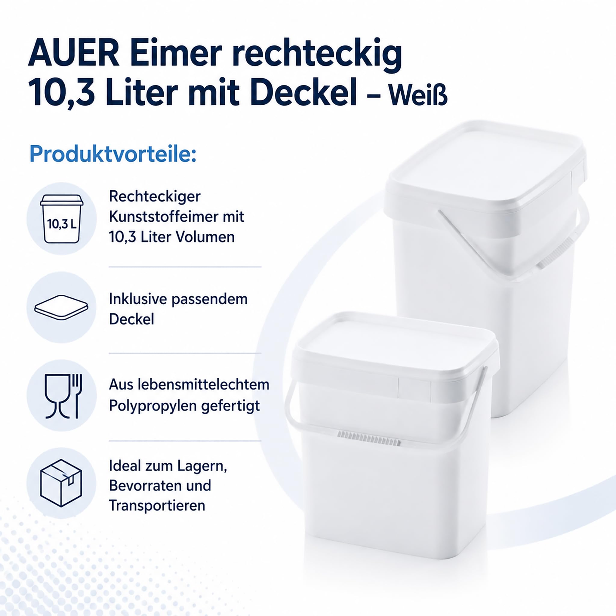 AUER 10,3 Liter Eimer rechteckig lebensmittelecht mit Deckel 29 x 20 x 27 cm Weiß 10 Stück
