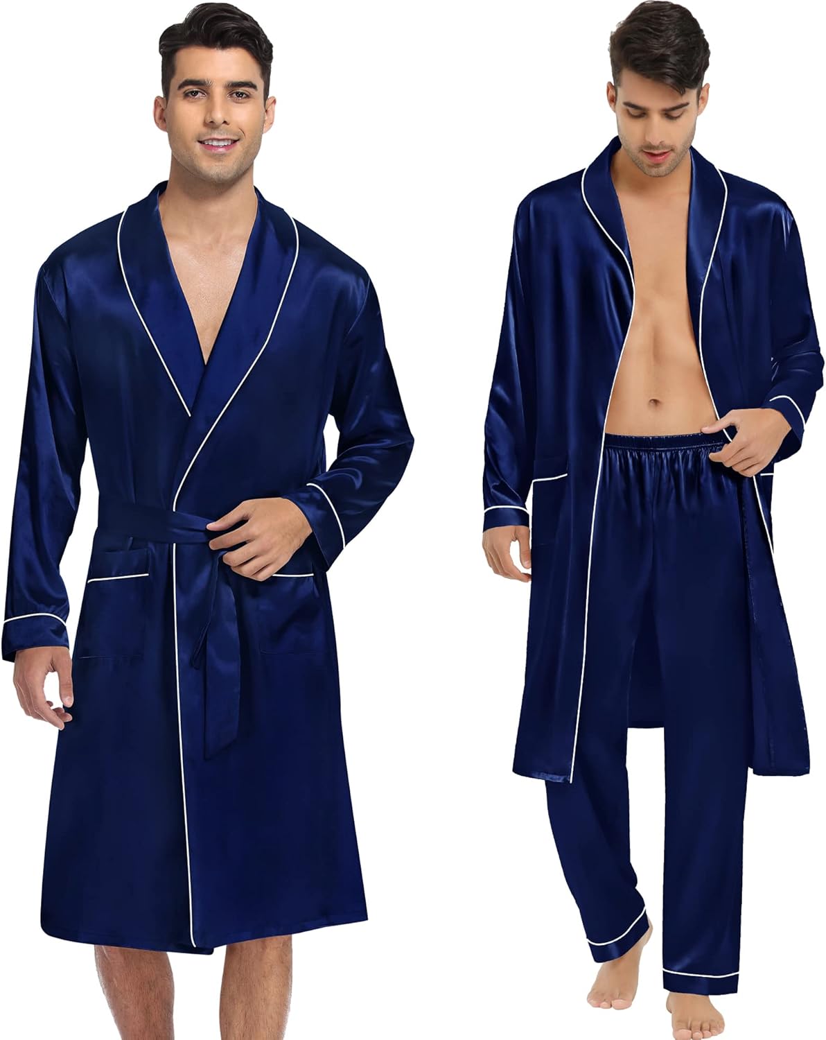 SWOMOG Men's Satin Robe 3 Pcs Silky Kimono Bathrobe Set Lightweight Soft Loungewear Nightwear