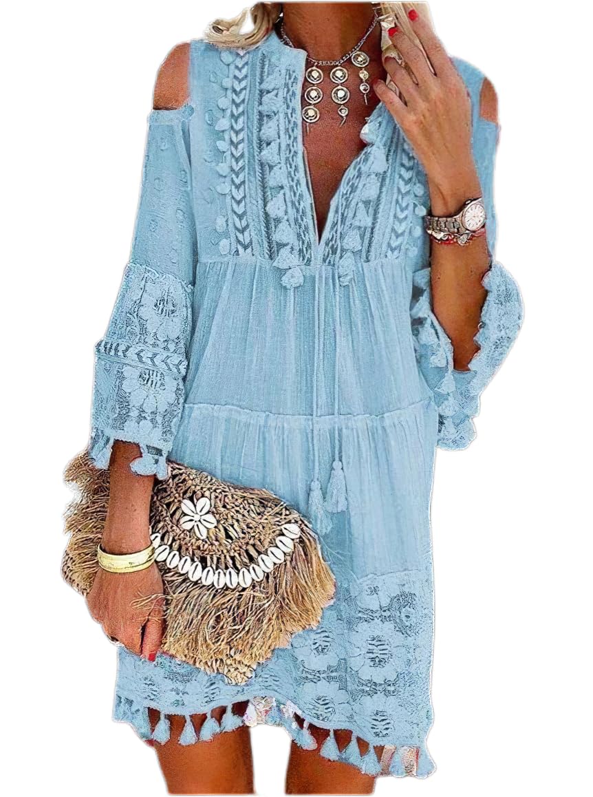 Womens Cold Shoulder Hollow Out Boho Dress Floral Tassle 3/4 Sleeve Baggy Loose Bohemian Beach Vacation Dresses