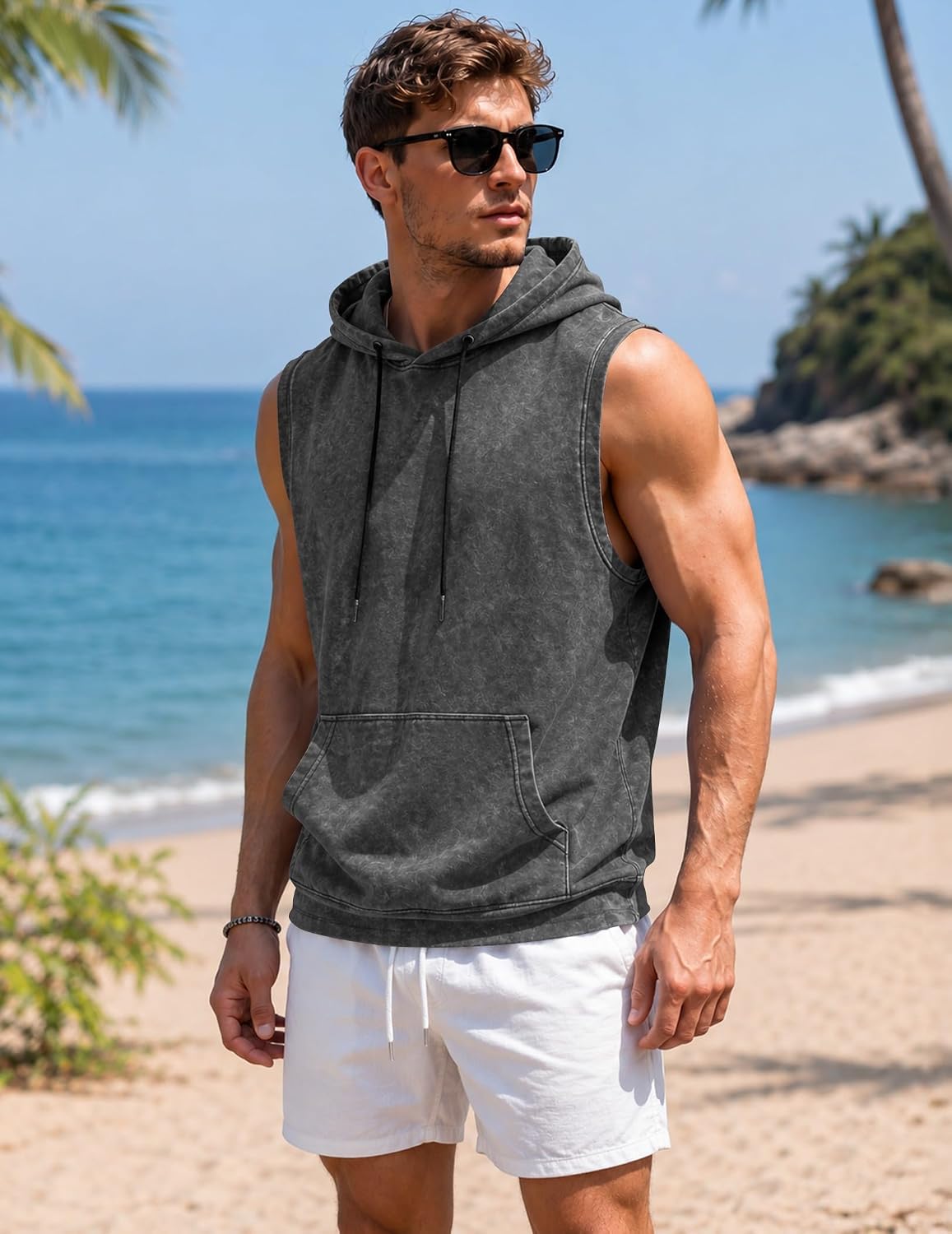 JMIERR Men's Cotton Sleeveless Hooded Tank Top with Pocket